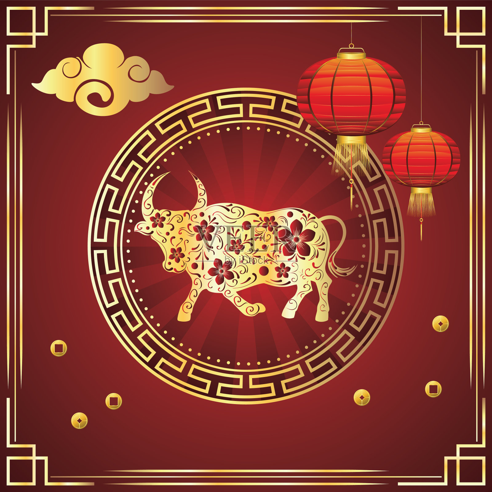 卡片上有公牛和鲜花插画图片素材