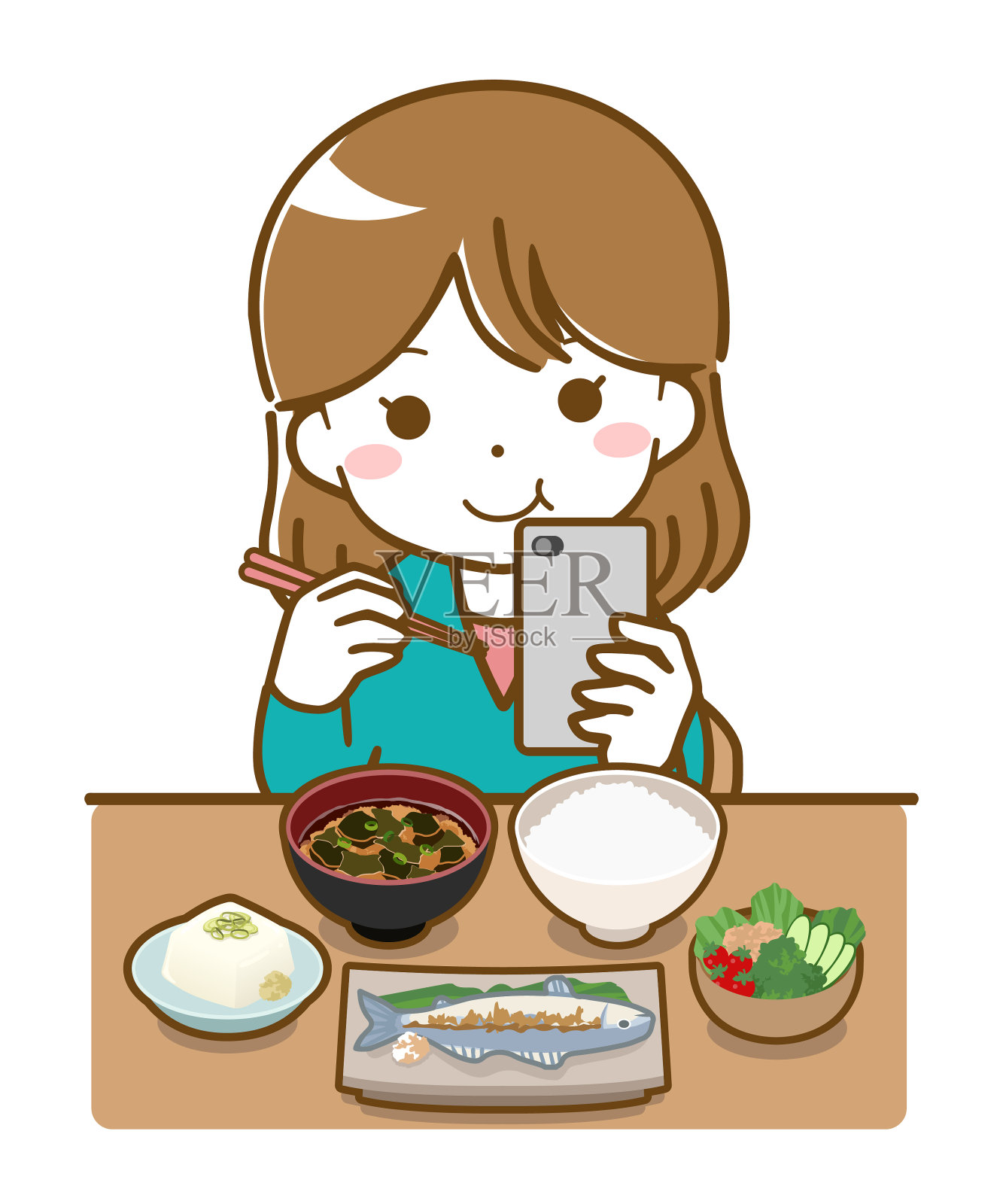 年轻女子一边吃饭一边玩手机插画图片素材