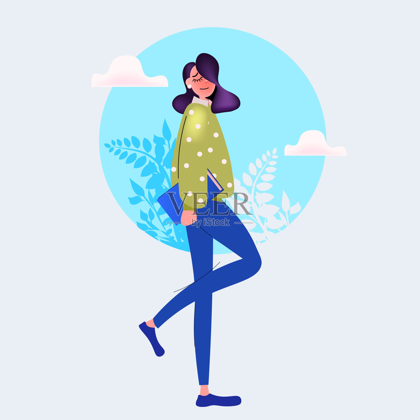 漂亮的少妇捧着书女卡通人物站立姿势全长插画图片素材