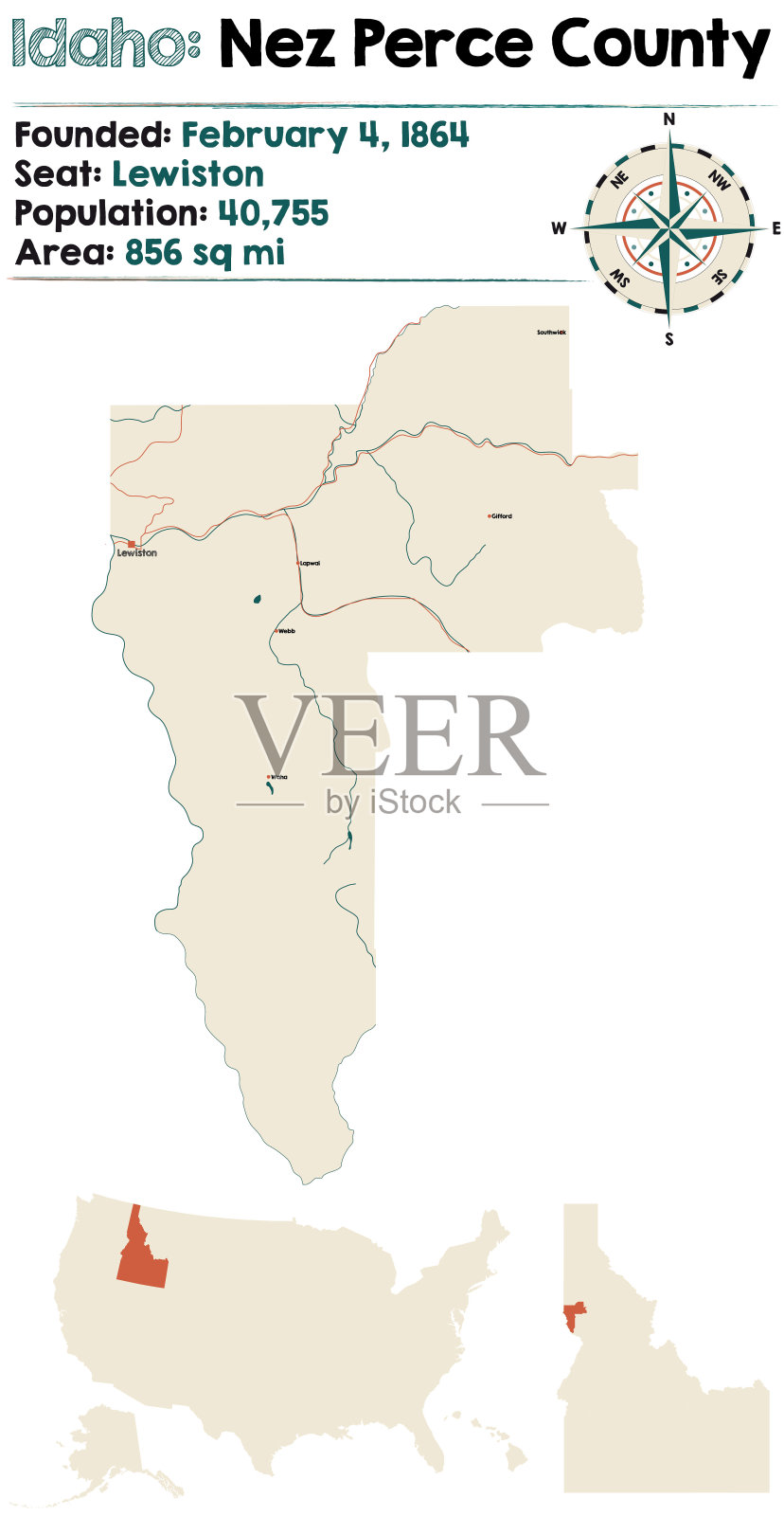 爱达荷州内兹佩尔塞县地图插画图片素材