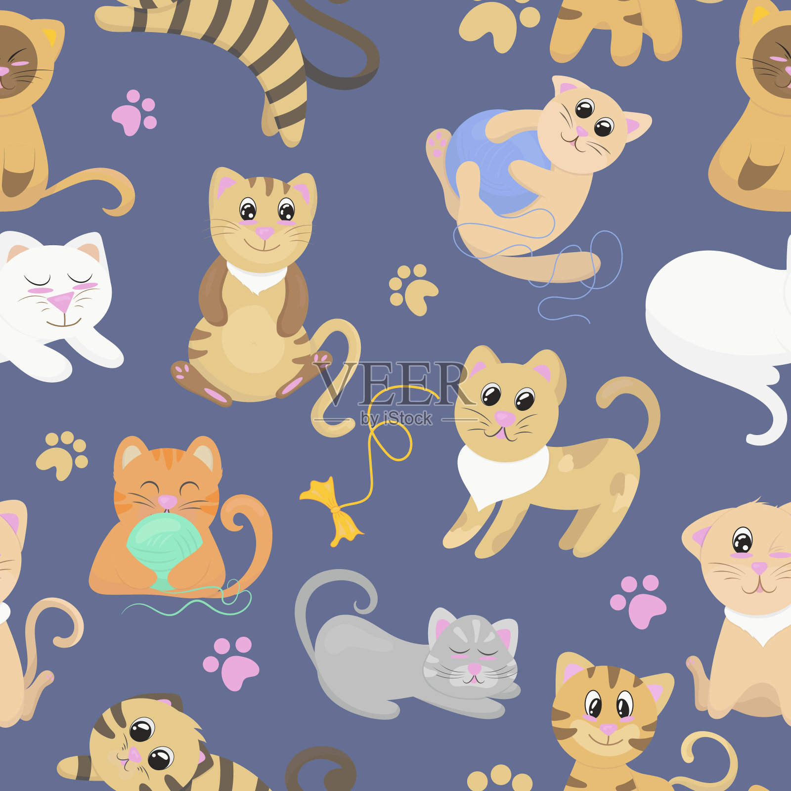 可爱的小猫玩线球，跳和坐，蓝色的背景，矢量插图在一个平坦的风格，无缝模式插画图片素材