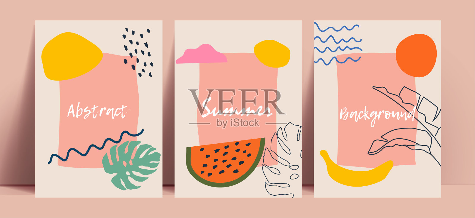 抽象的夏季背景收集与鲜艳的颜色手绘水果和树叶和几何形状的元素。矢量图插画图片素材