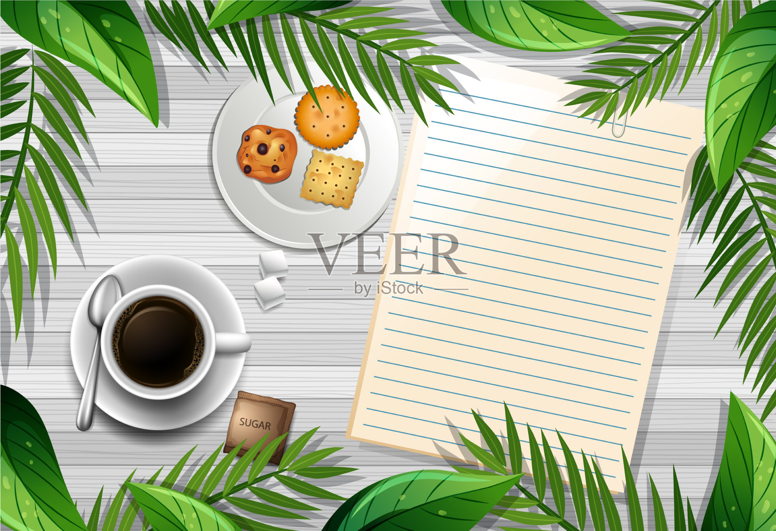 空白便条，背景是咖啡和饼干插画图片素材