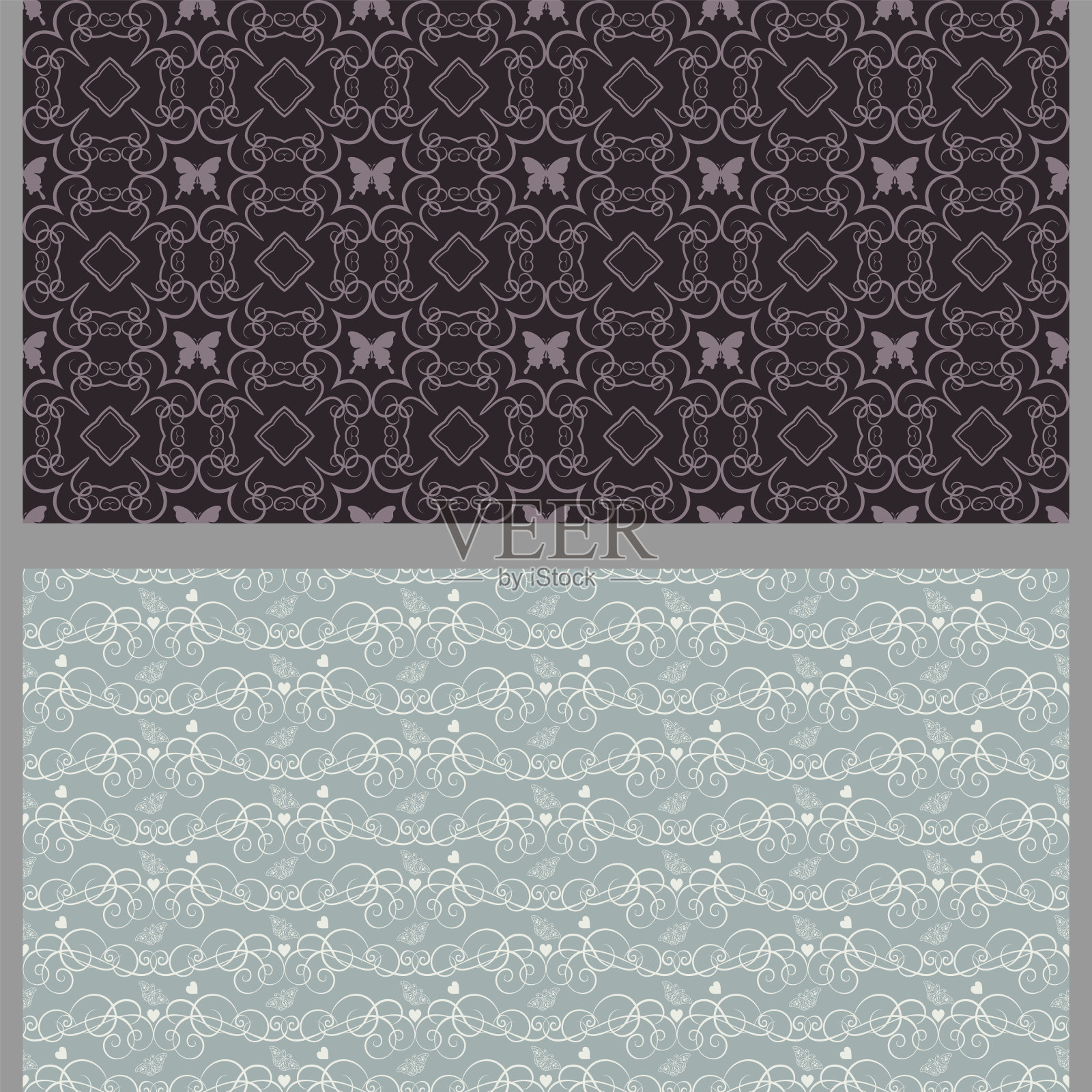 抽象的背景图案与复古风格的花卉元素。集。常用颜色:黑色，棕色，灰色，壁纸。无缝模式,纹理。矢量图插画图片素材