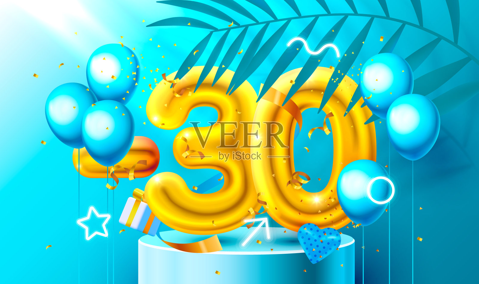 30了。折扣创造性的成分。3d黄金销售标志与装饰对象，心形气球，金色的五彩纸屑，讲台和礼盒。销售横幅和海报。向量设计模板素材