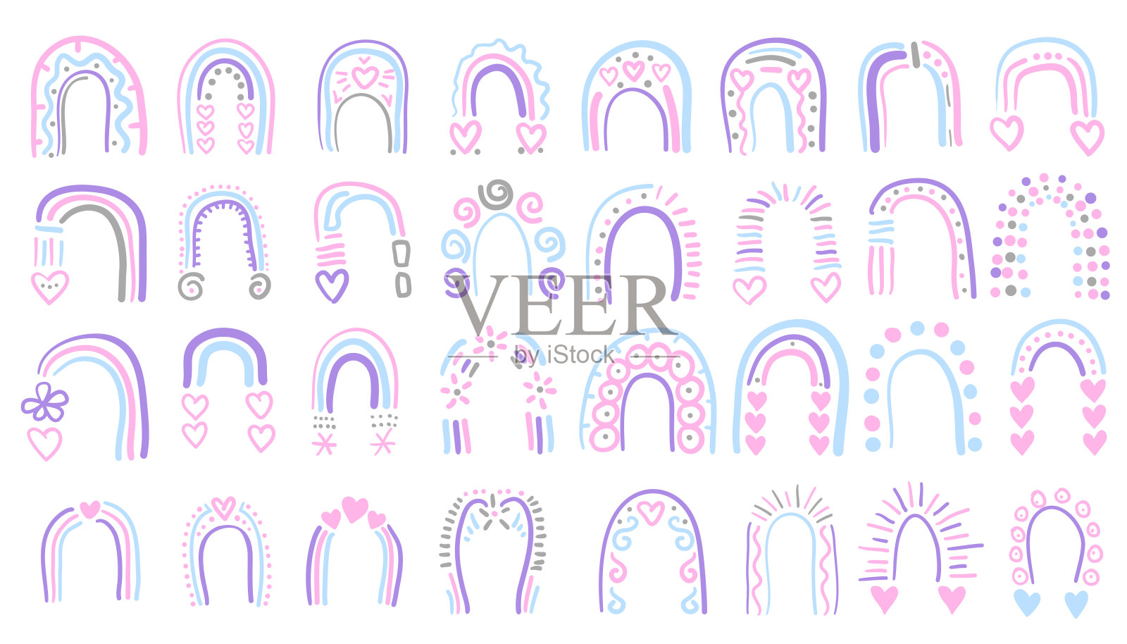 的彩虹。在不同的心中手绘彩虹。北欧风格。卡通矢量插图在儿童绘画风格与少女的颜色插画图片素材