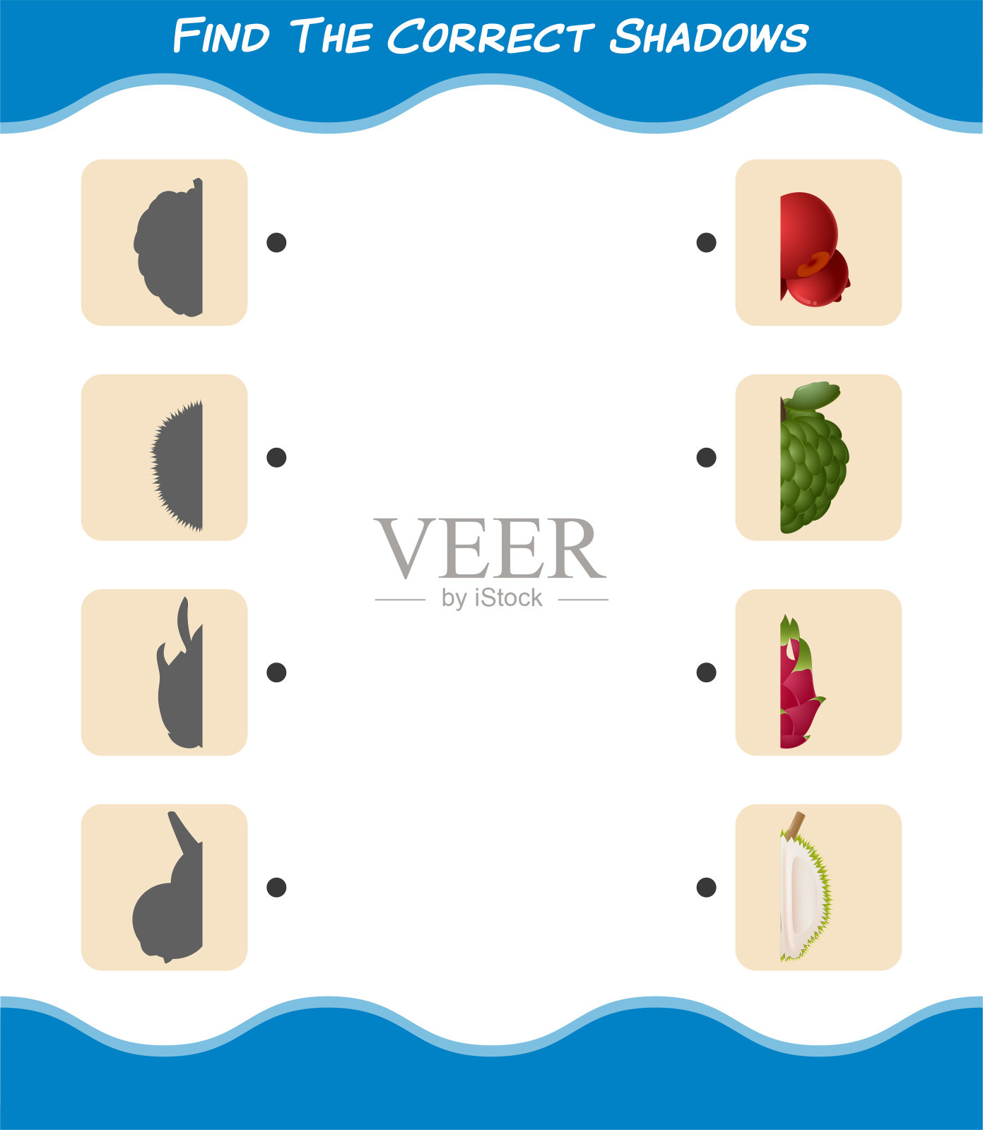 找到正确的卡通水果阴影。搜索和匹配游戏。学前儿童和学步儿童的教育游戏插画图片素材