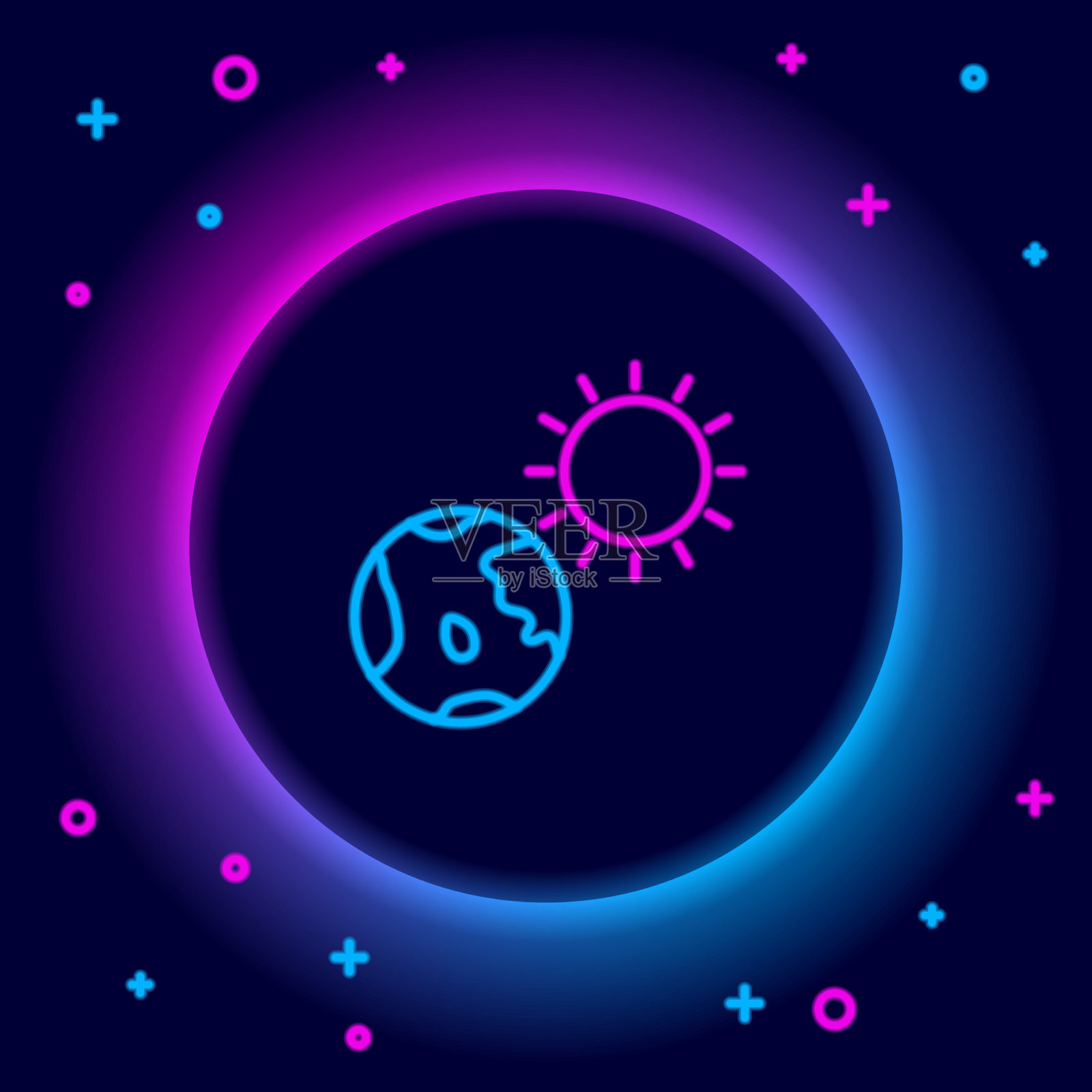 发光的霓虹灯线地球地球仪和太阳图标插画图片素材