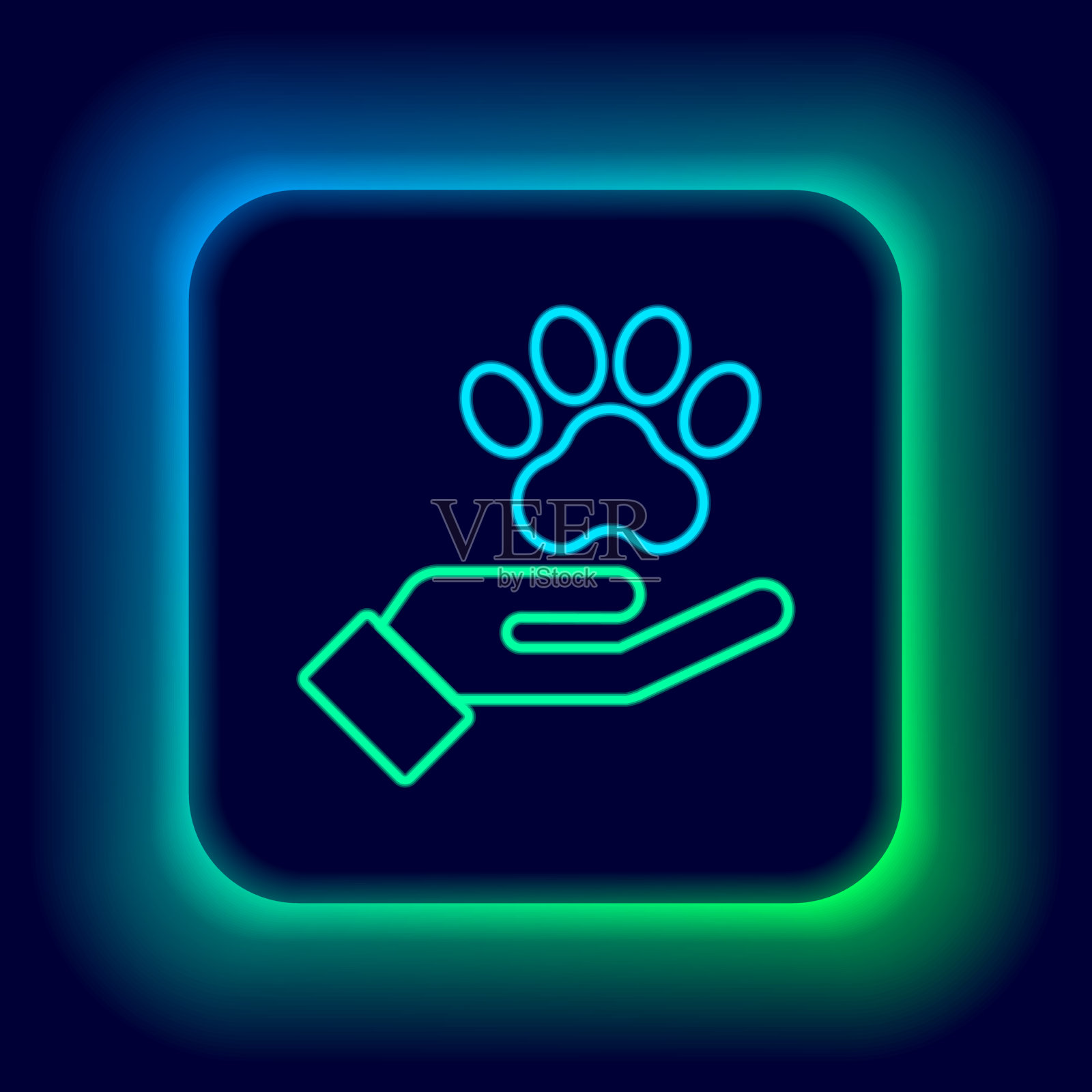 发光的霓虹灯线手与动物的足迹插画图片素材