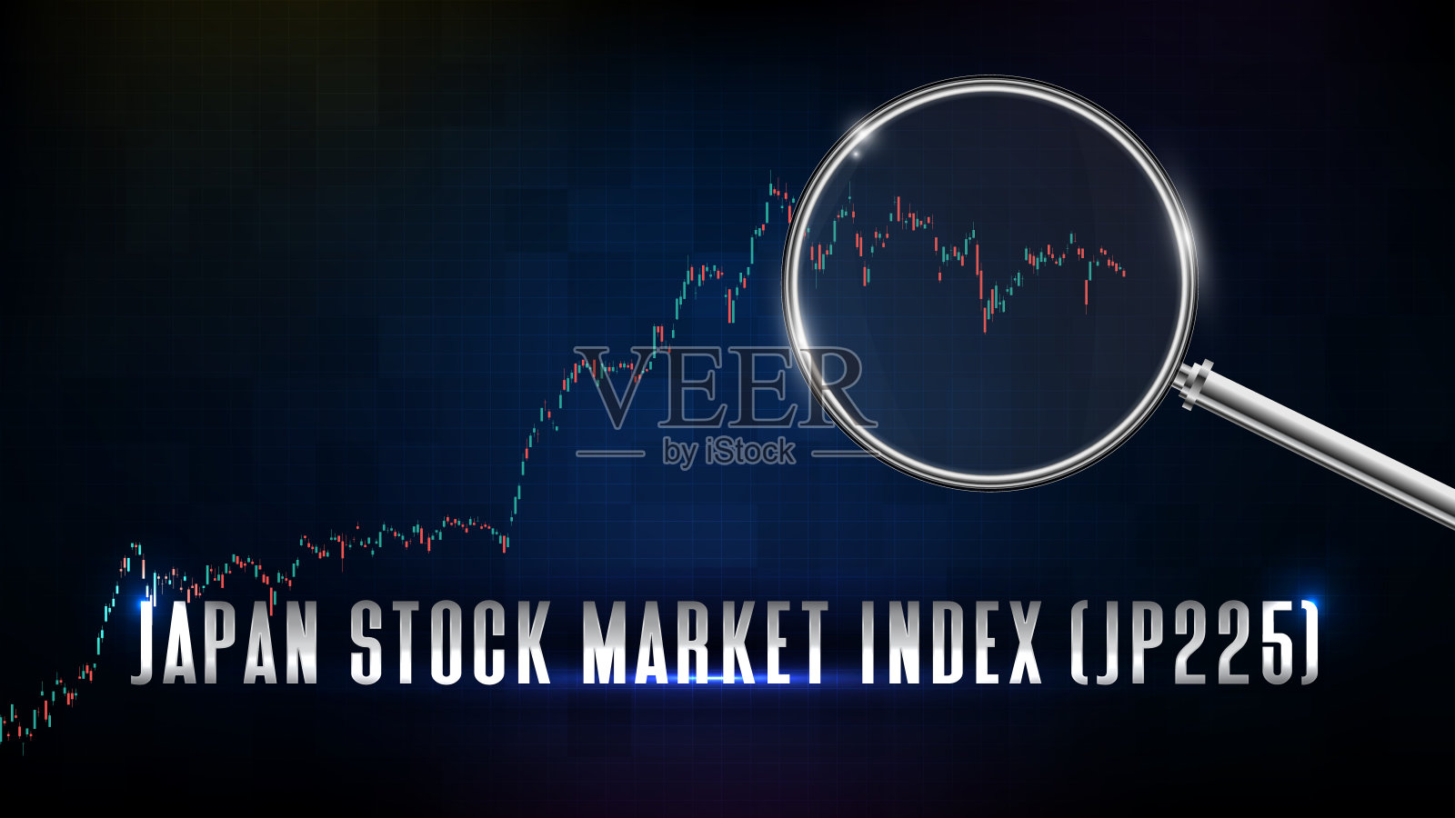 抽象背景日本股市指数用放大镜和指标技术分析图插画图片素材