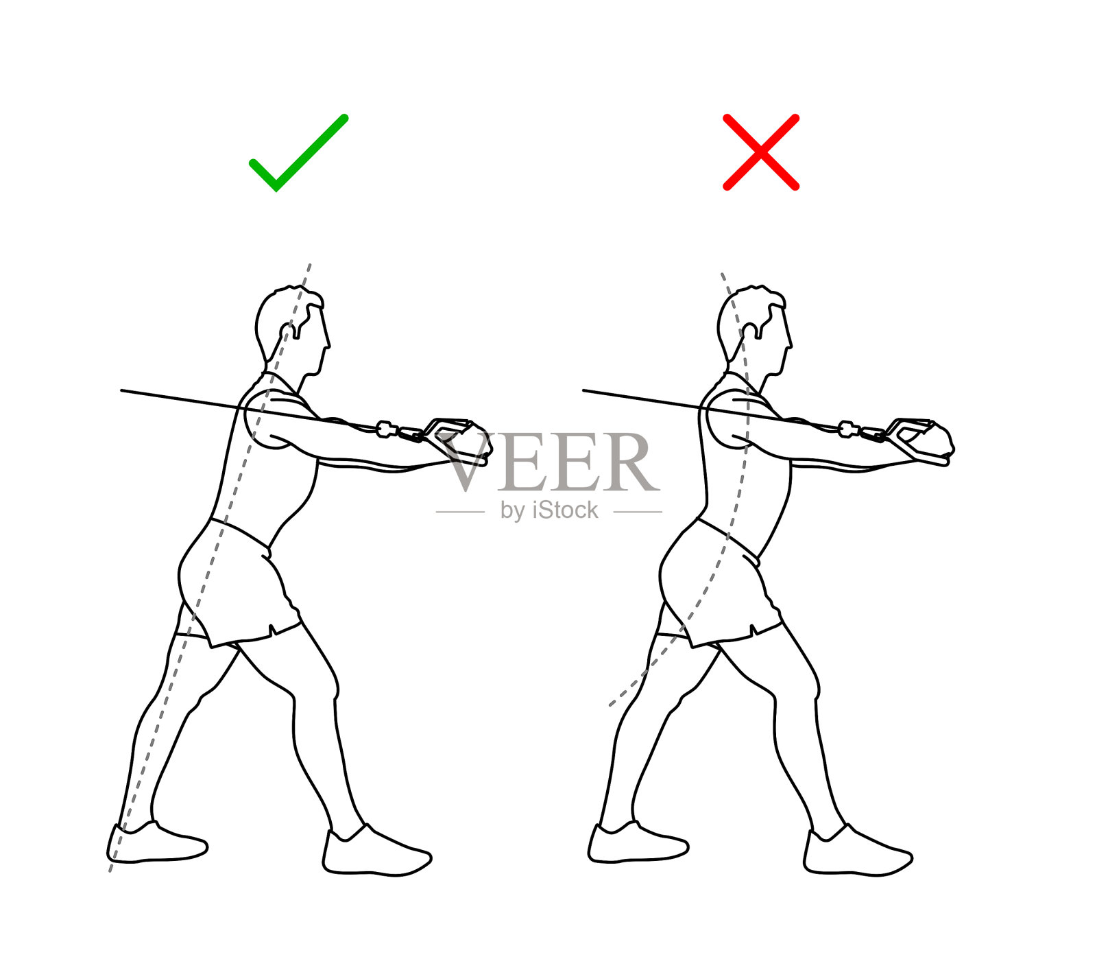 单独健身人用滑轮站立训练胸部。对与错，做与不做。草图黑线矢量图。插画图片素材