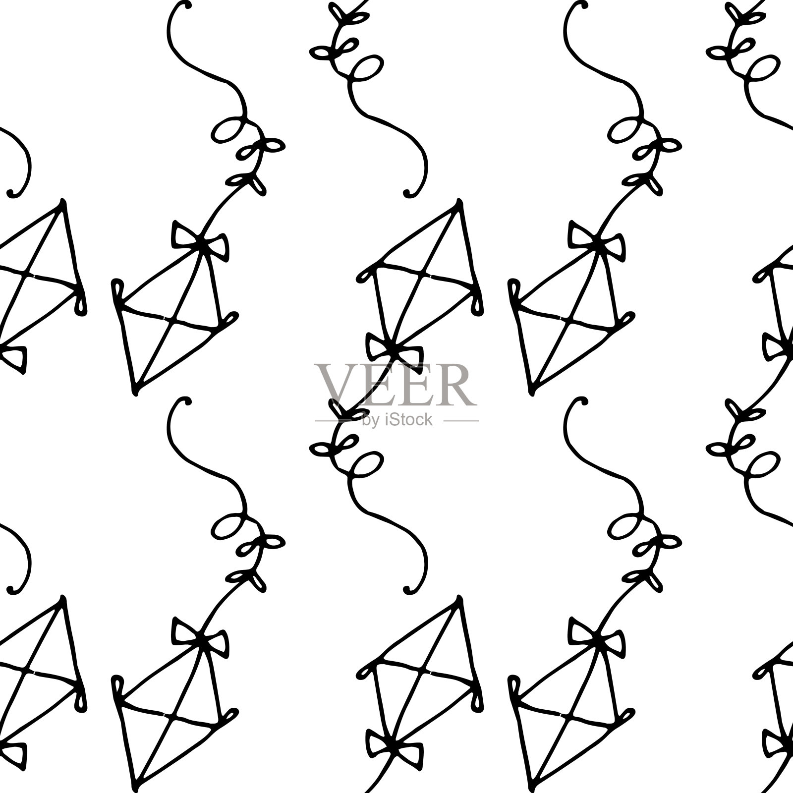 矢量无缝模式的风筝一个手工绘制的风筝它的形状是菱形的绳子上有蝴蝶