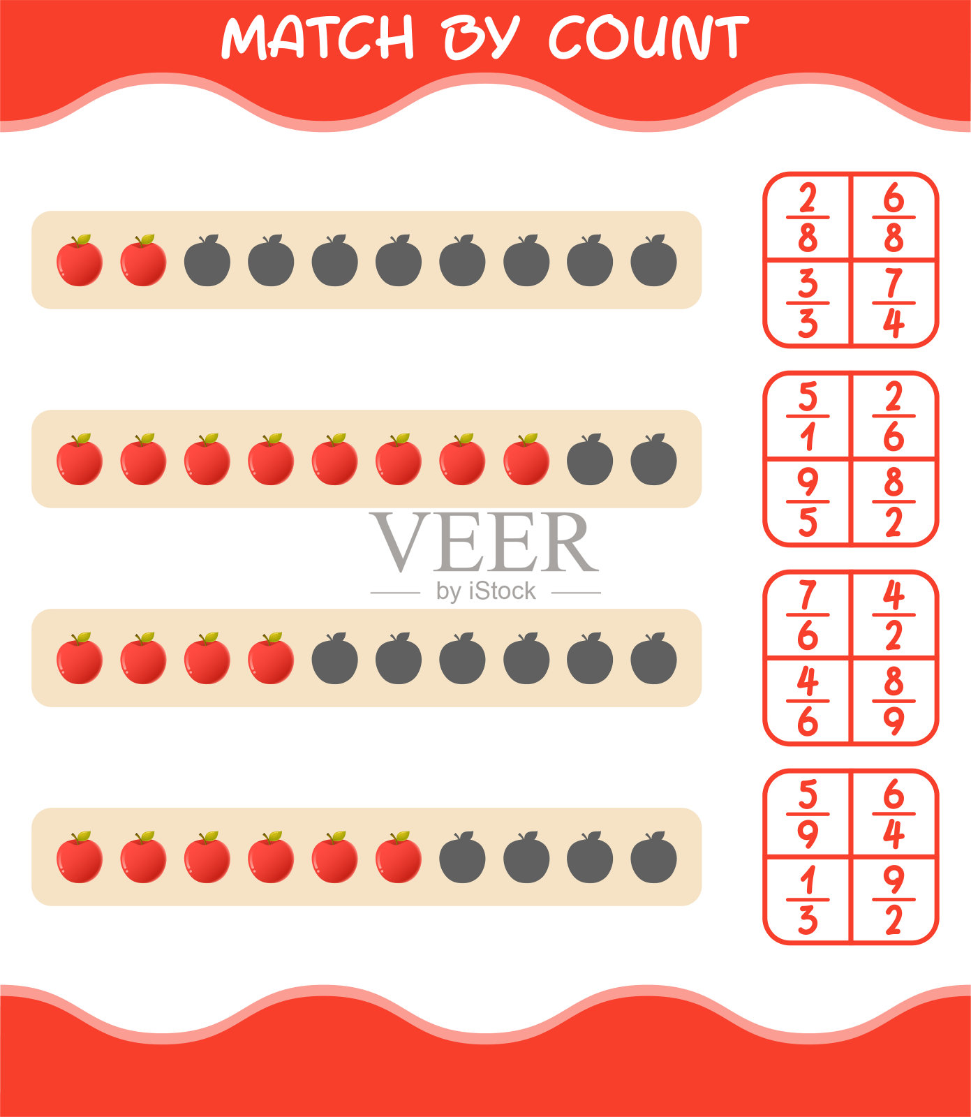 按卡通苹果数匹配。比赛和计数游戏。学龄前儿童和幼儿的教育游戏插画图片素材