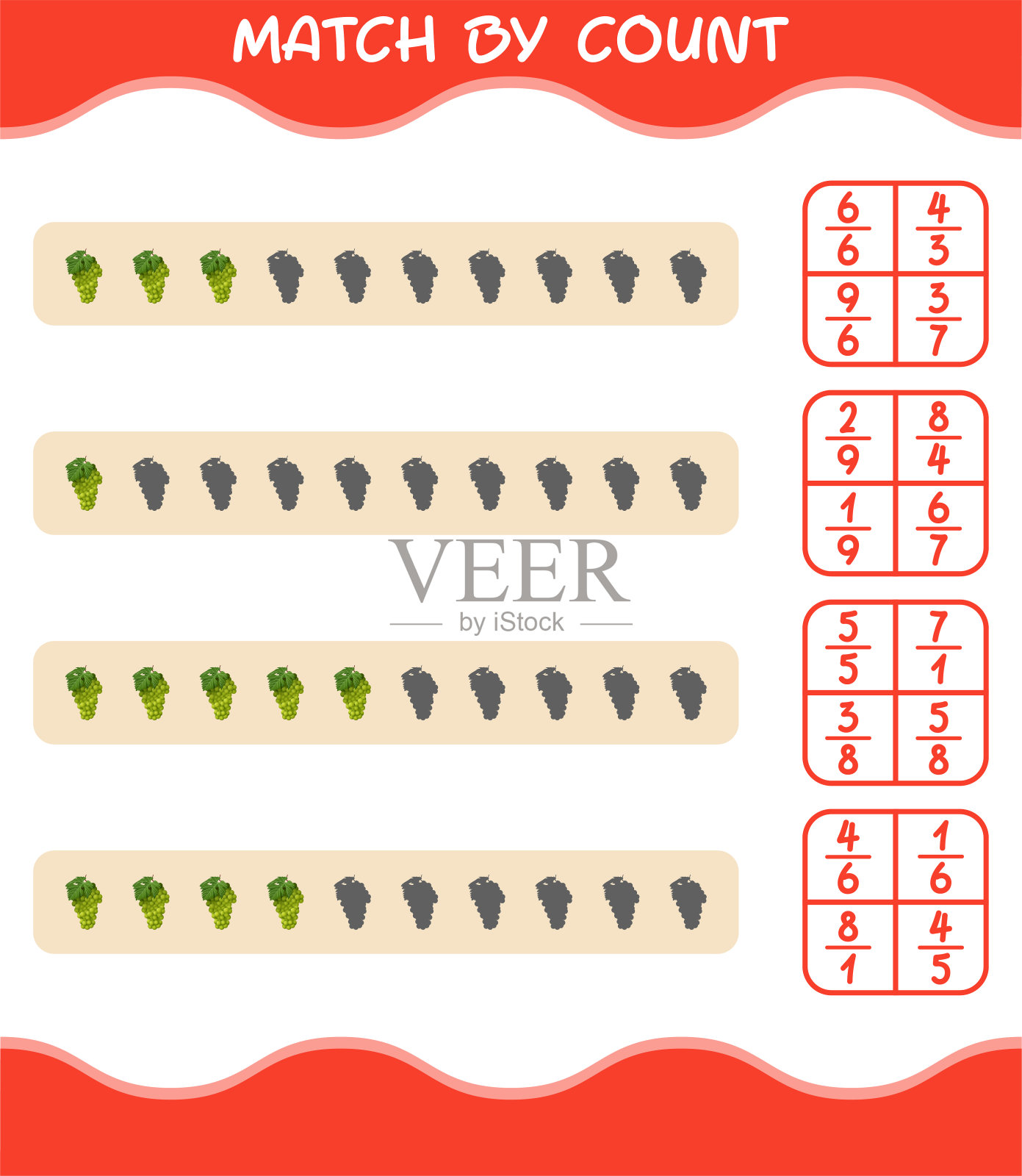 按卡通白葡萄数匹配。比赛和计数游戏。学前儿童和学步儿童的教育游戏插画图片素材