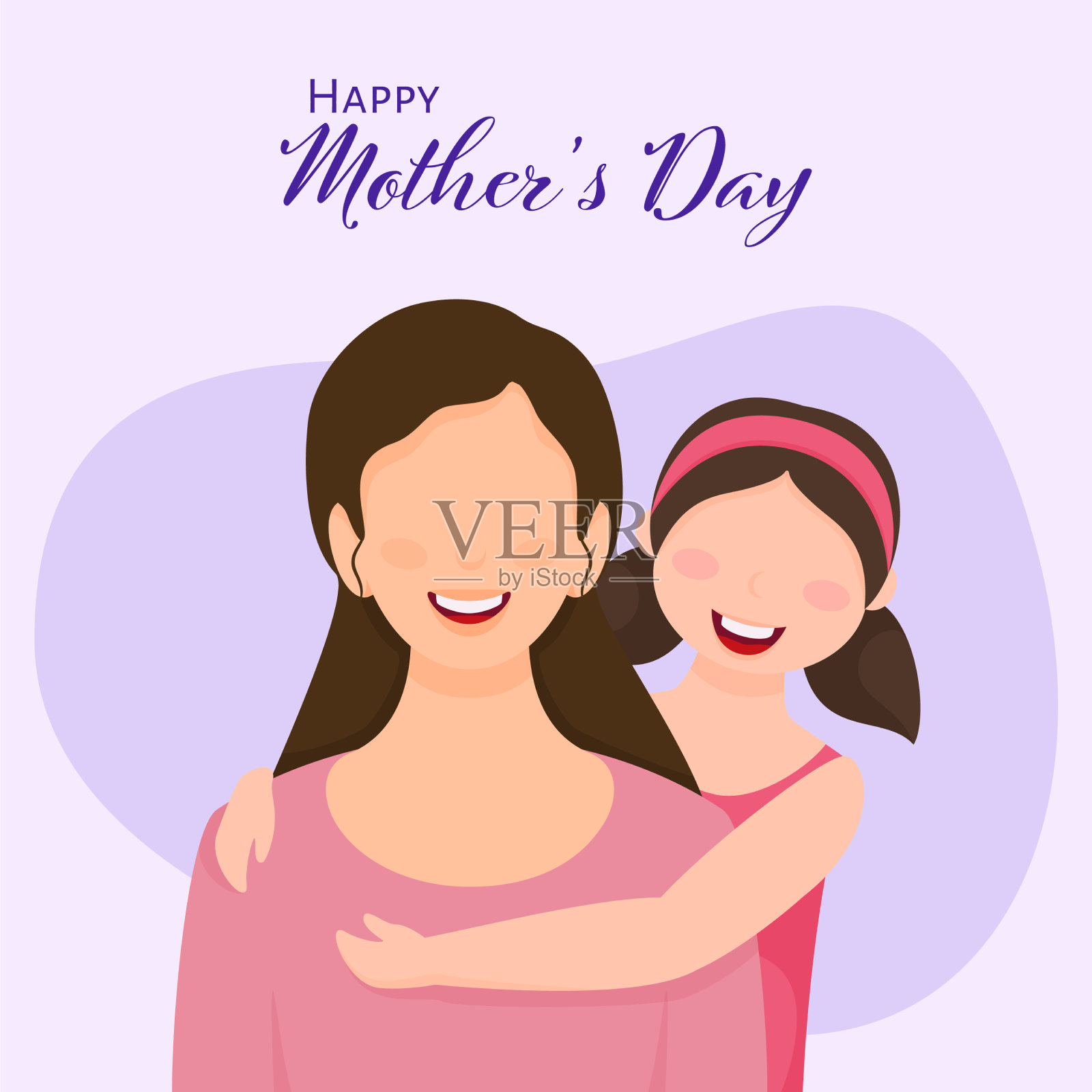 欢快的卡通女孩拥抱着妈妈插画图片素材