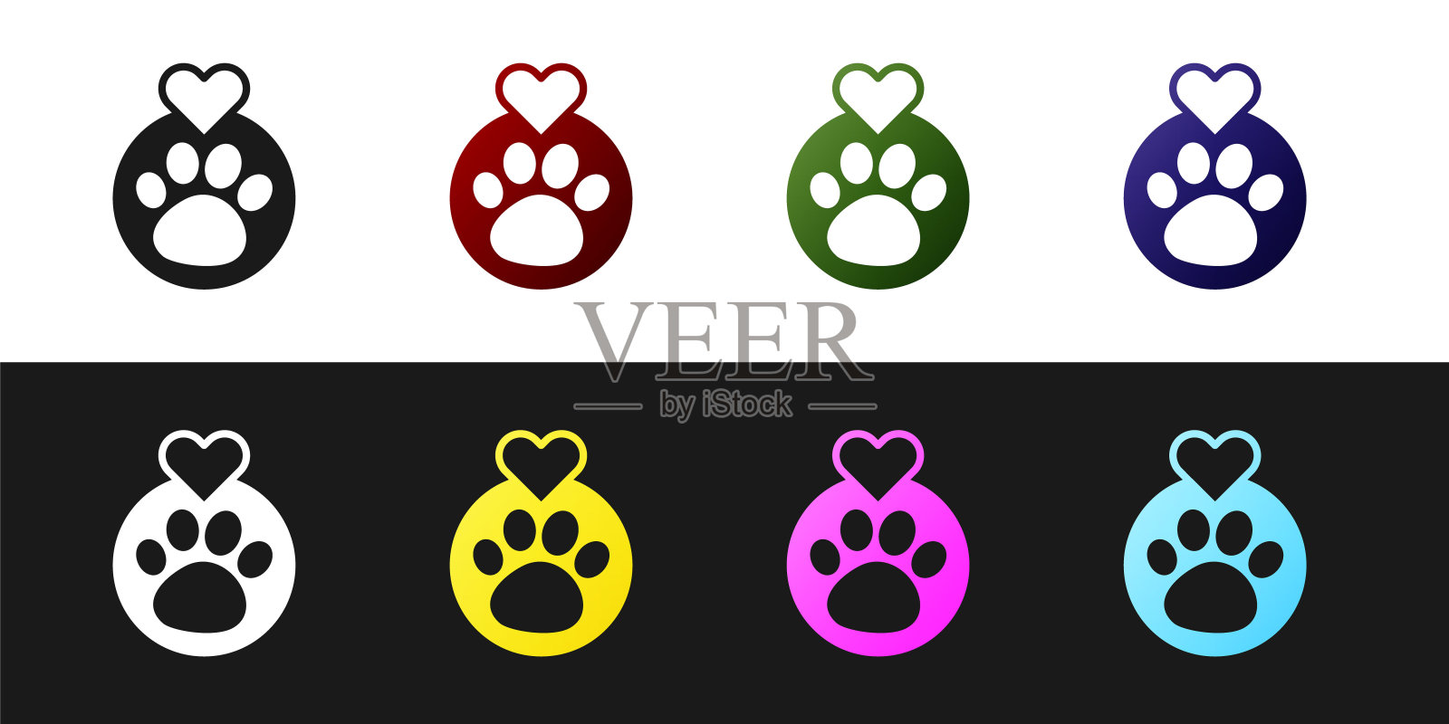 Set Heart with animals footprint icon孤立在黑白背景上。宠物爪子在心里。爱护动物。向量插画图片素材