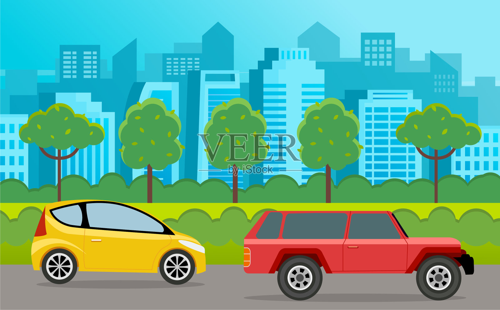 卡通中沿着城镇街道的现代停车场插画图片素材