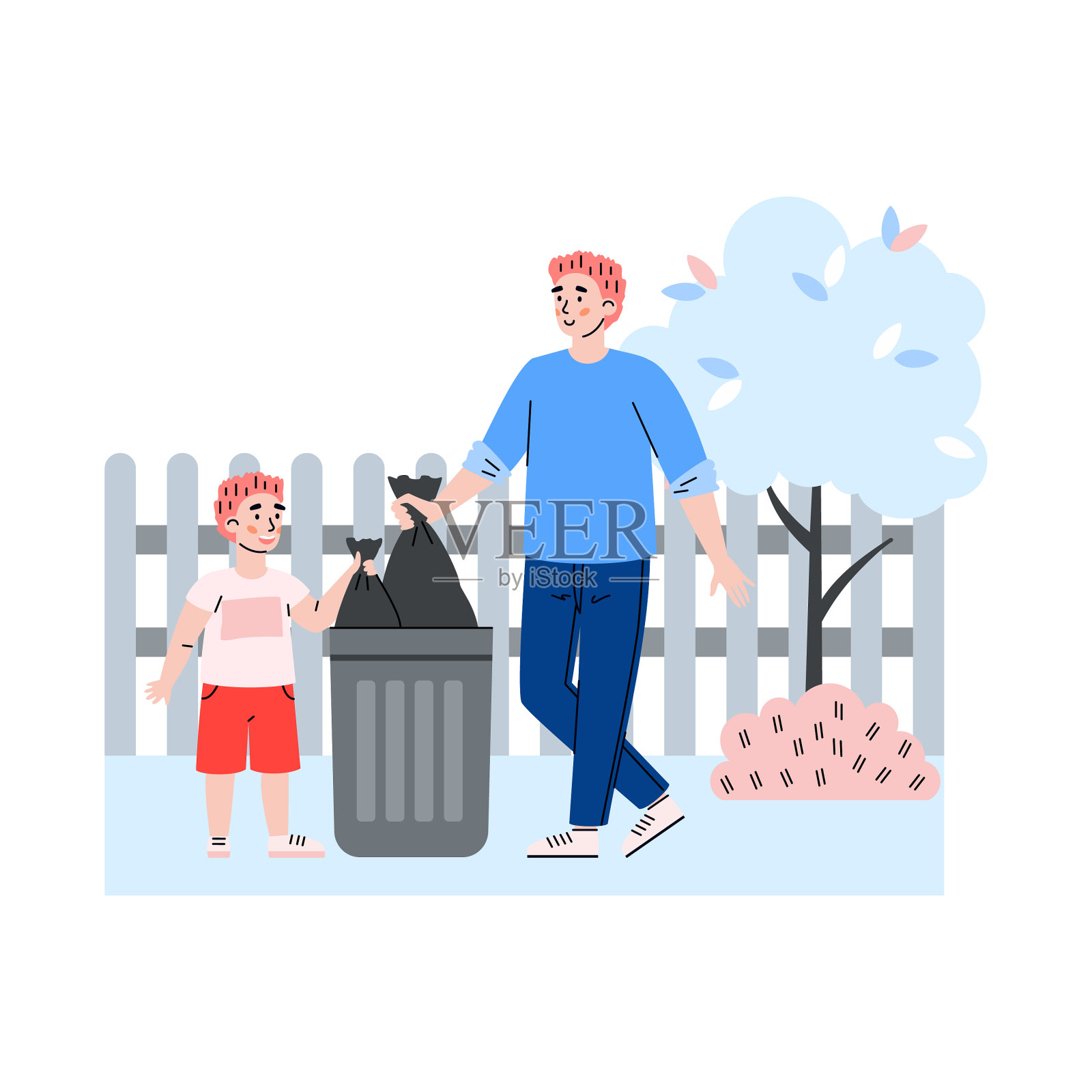 父亲和孩子整理花园卡通设计元素图片