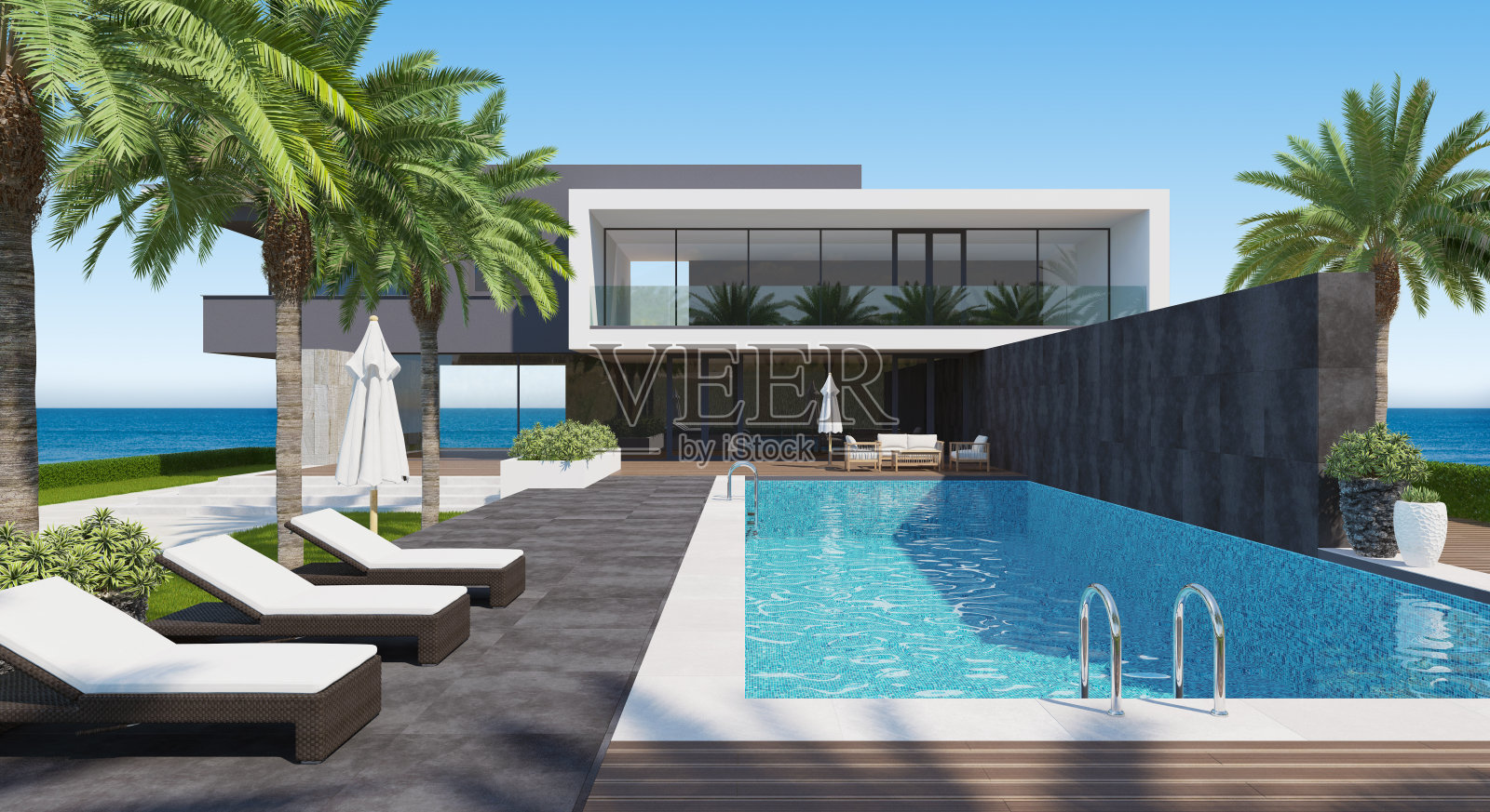 现代豪华别墅，花园和游泳池。照片摄影图片