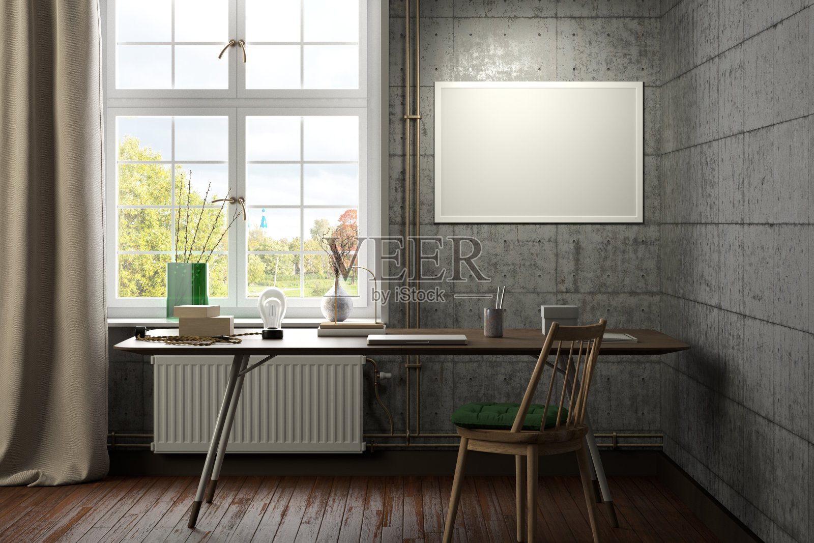 水平海报框架模拟在混凝土墙上。照片摄影图片