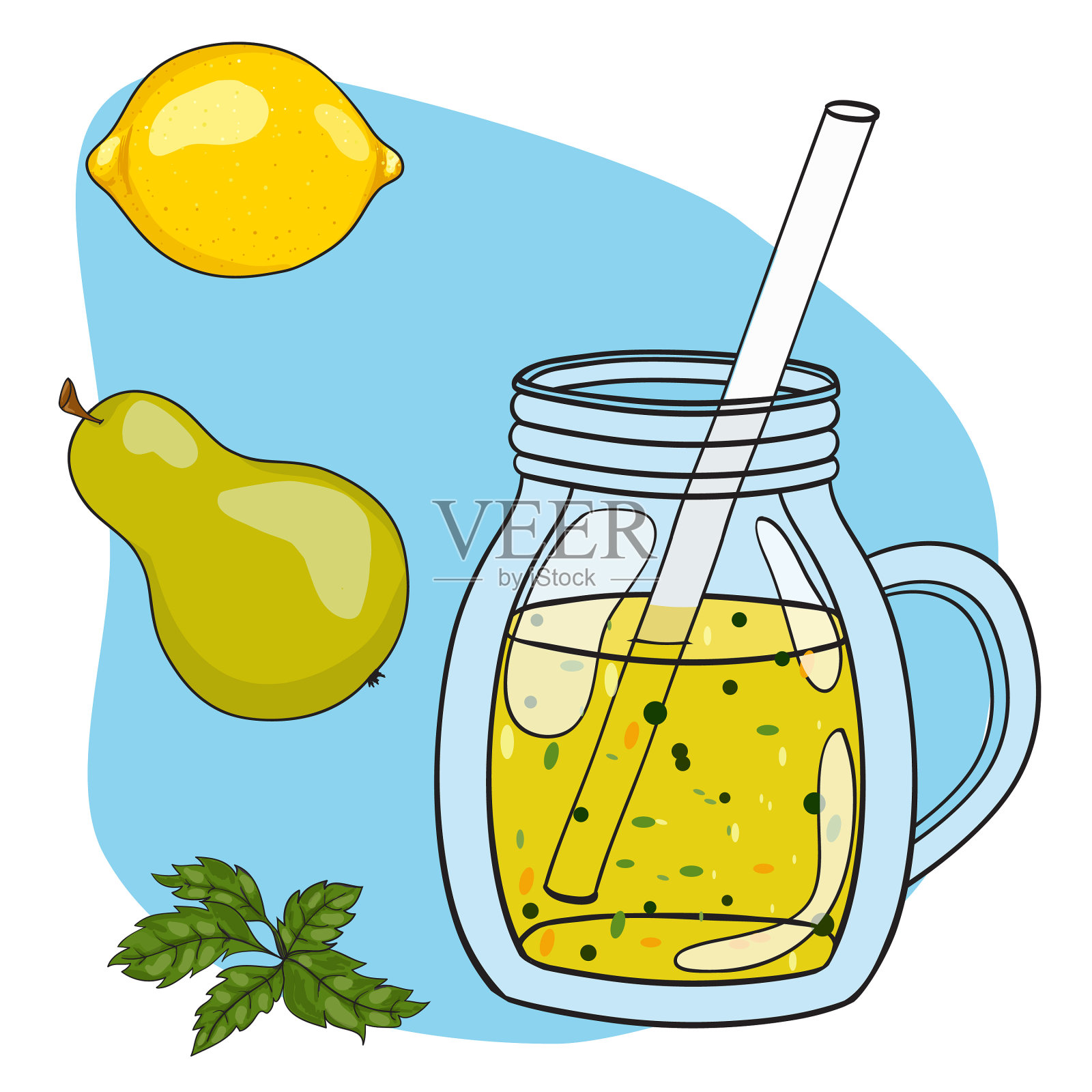 手画水果冰沙在一个玻璃杯设计元素图片