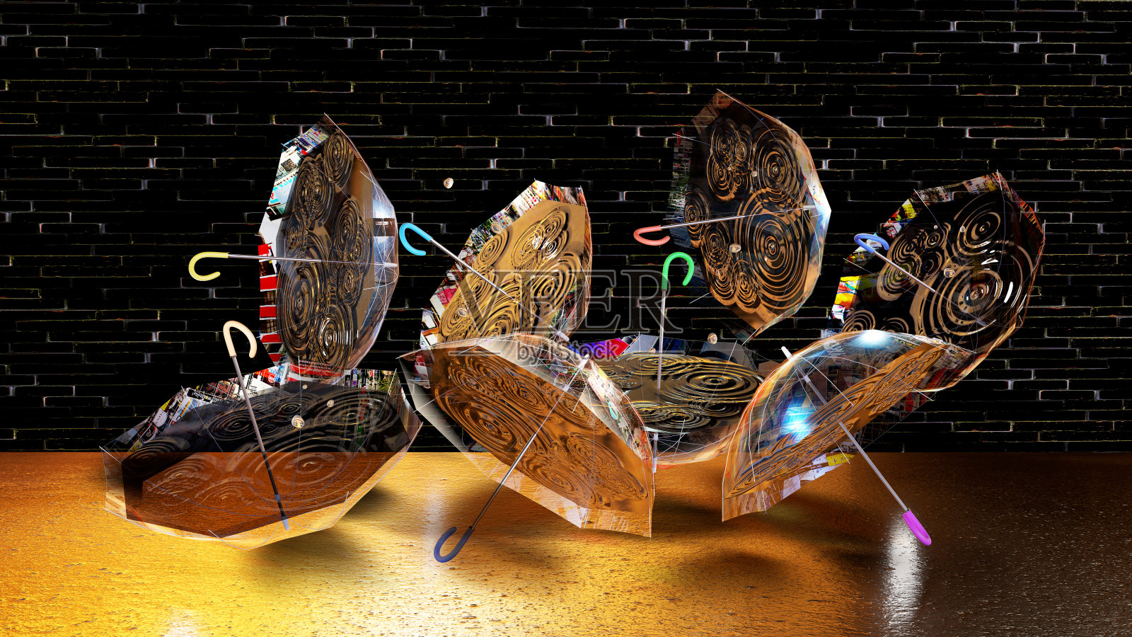 一把乙烯基雨伞，当城市的灯光反射时，它就会变得忧郁照片摄影图片