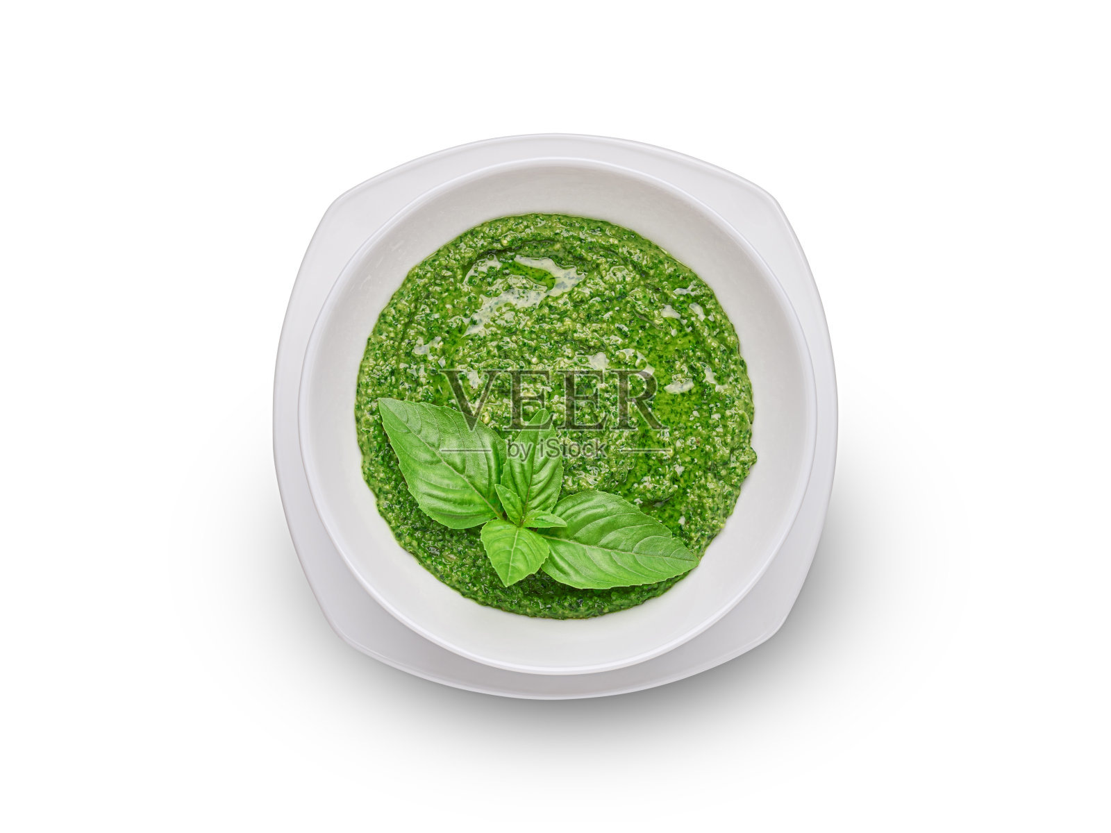 罗勒香蒜酱碗孤立在白色背景俯视图照片摄影图片