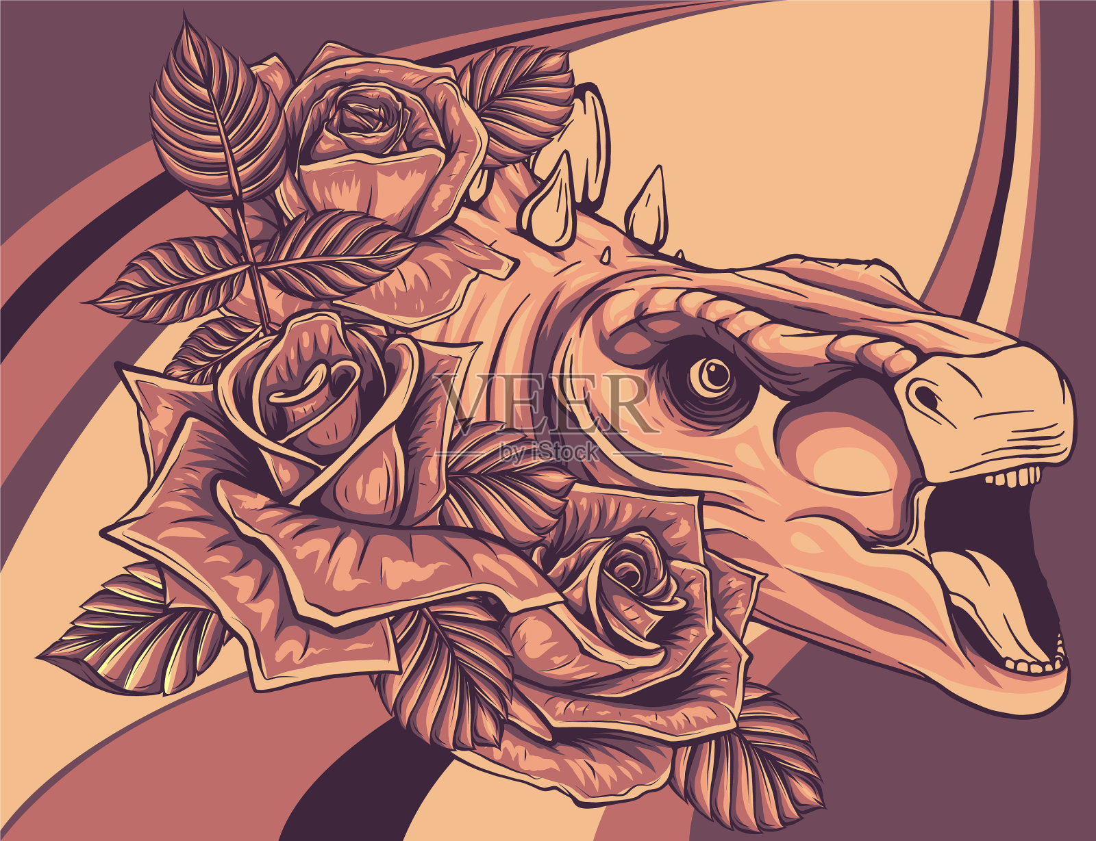 有花的恐龙剑龙头插画图片素材