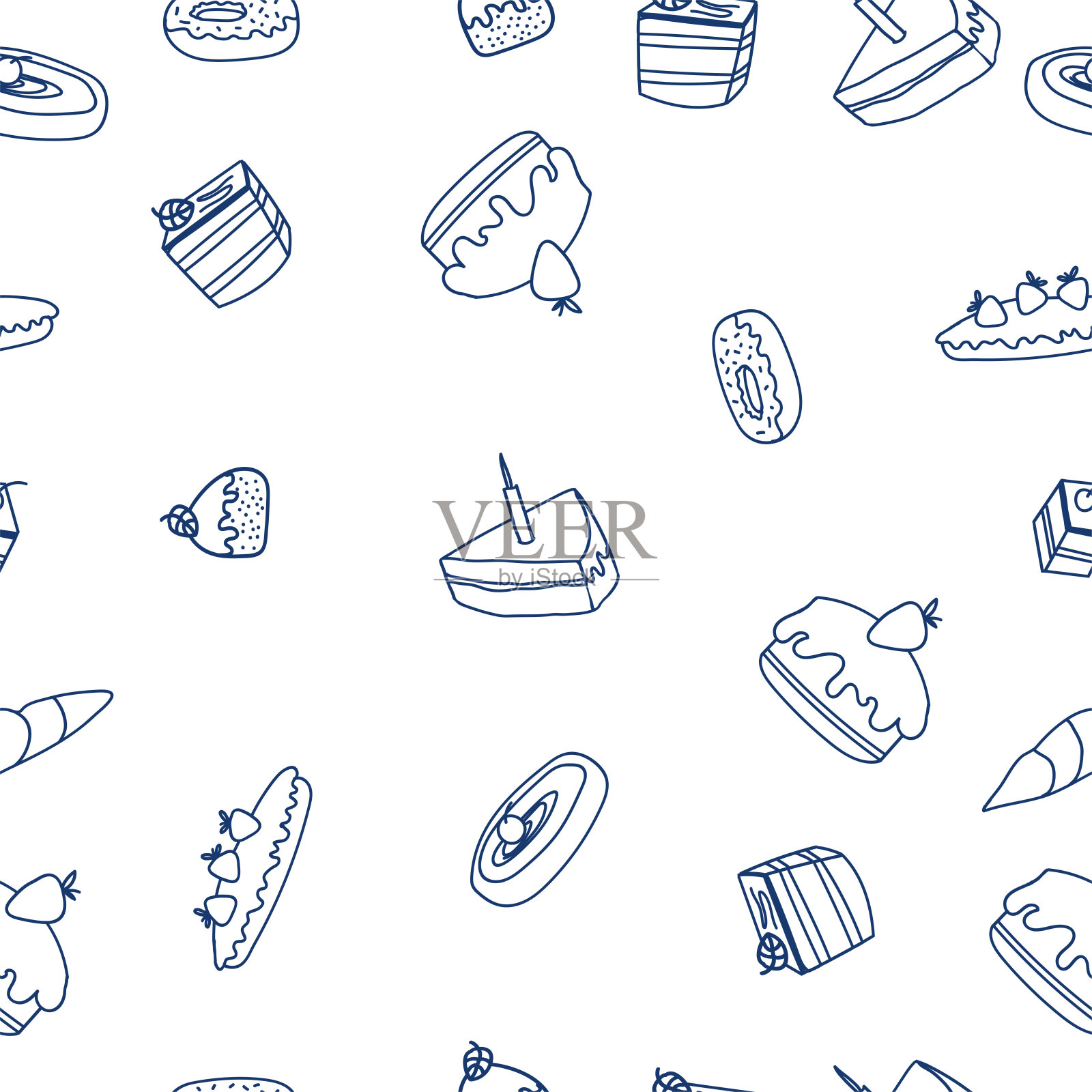 矢量糖果无缝模式与派，派，馅饼，纸杯蛋糕和泡芙手工绘制的甜烘焙食品在粗略的风格孤立在白色背景。蓝线插画图片素材