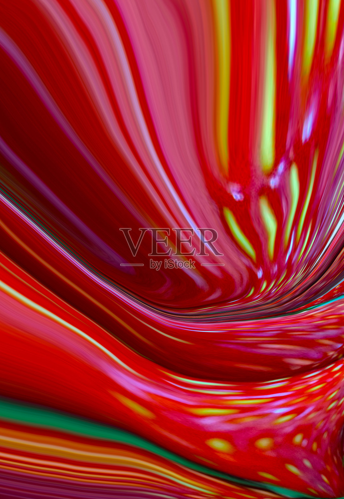 抽象明亮的流体红色背景与黄色波。艺术迷幻的数字背景。弯曲的形状插图。充满活力的垂直塑料草莓纹理。墨水的水。现代设计的横幅，传单照片摄影图片