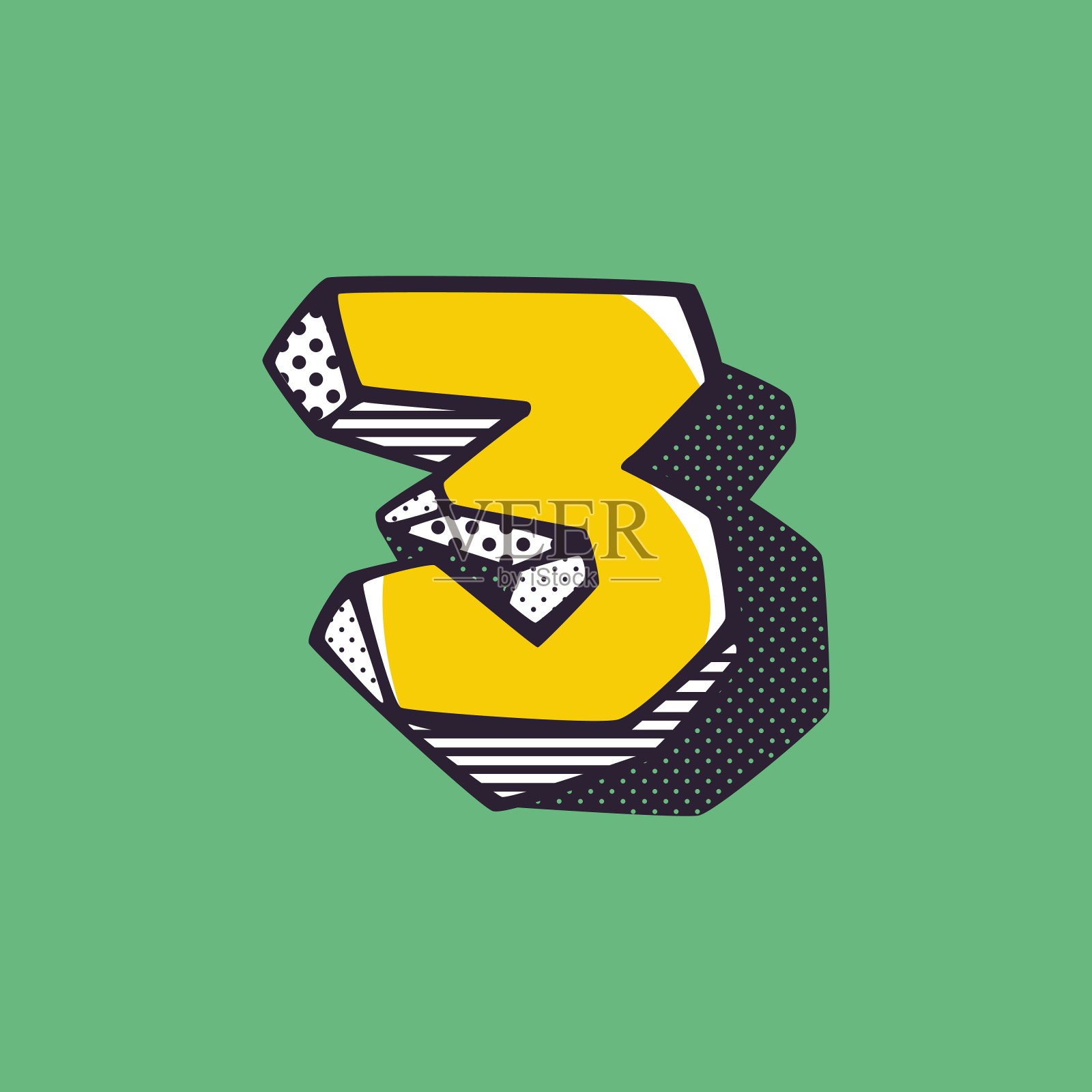 复古3d三号标志与波尔卡点和条纹图案的侧面。插画图片素材