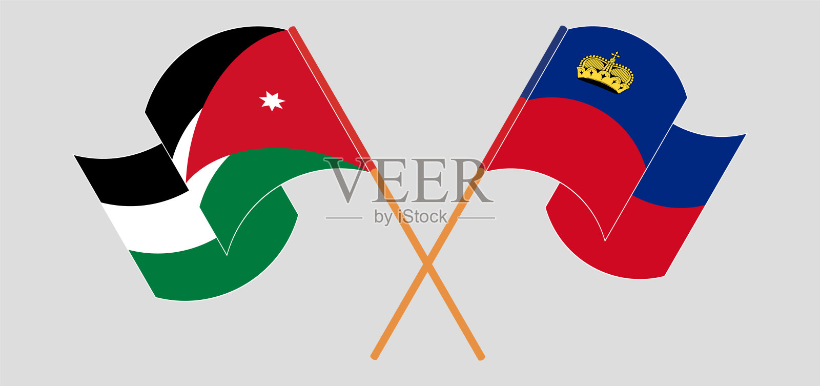 约旦和列支敦士登的旗帜交叉飘扬插画图片素材