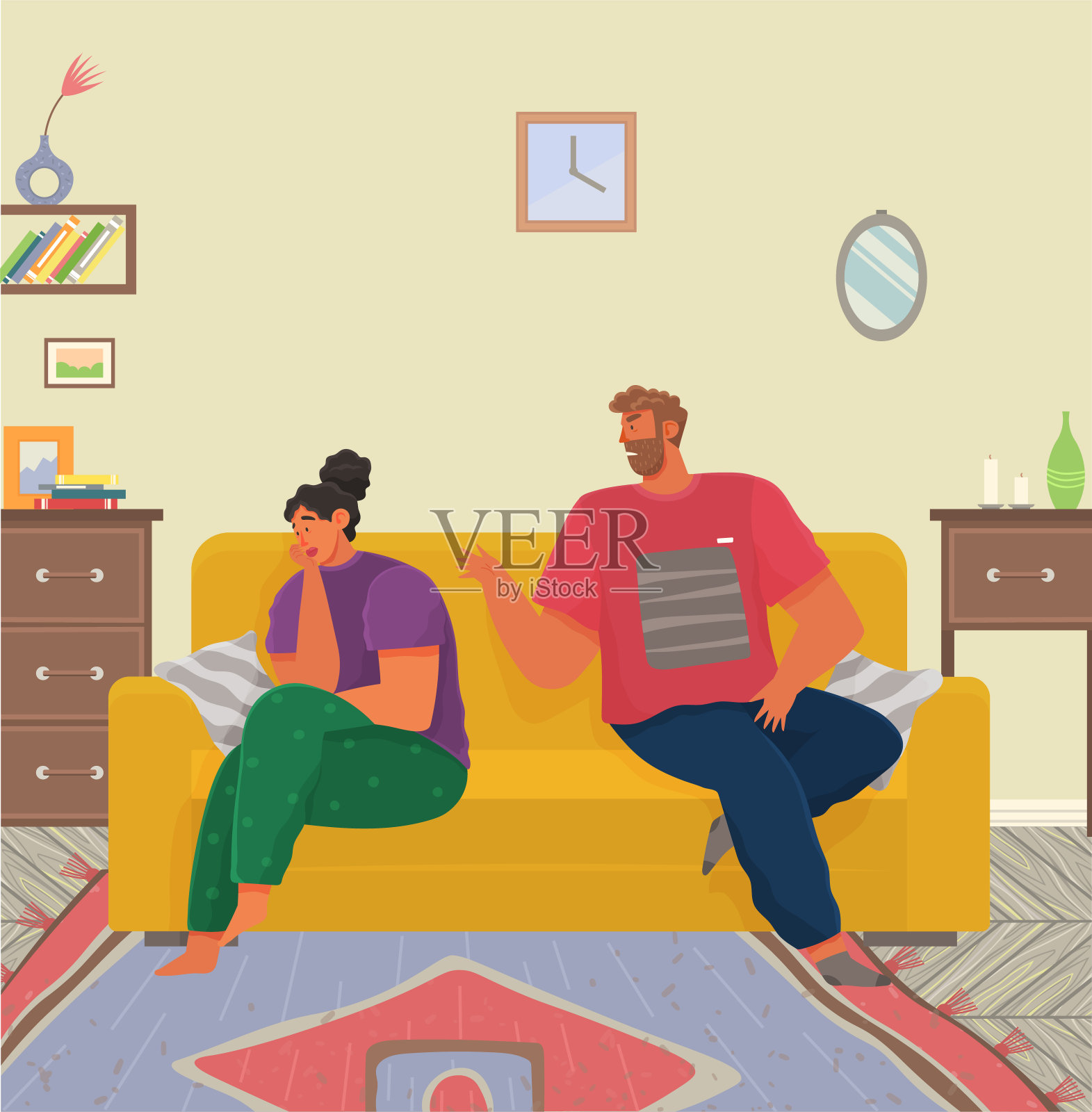 年轻人在家里吵架。夫妻关系不好，家庭争吵插画图片素材