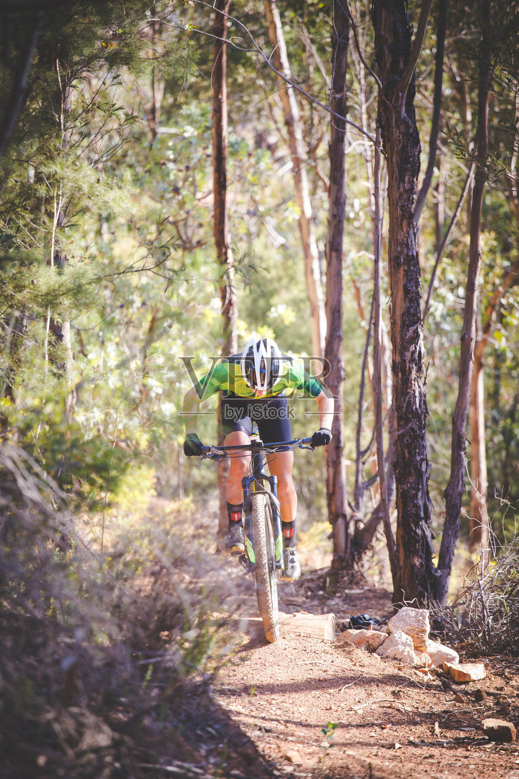 一个山地车在森林里的山地车道上加速下坡的广角视图照片摄影图片
