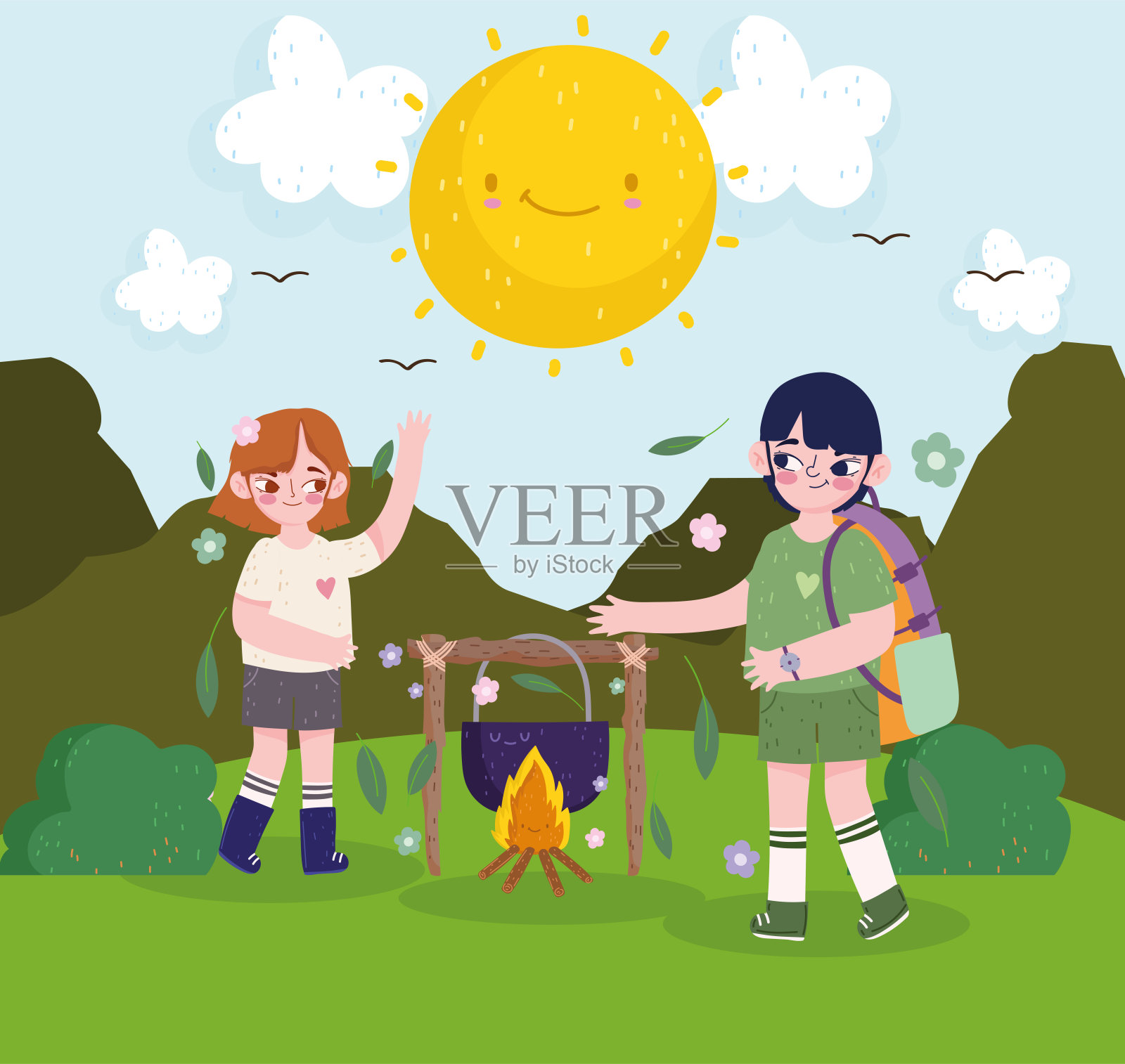 可爱的女孩和男孩露营插画图片素材