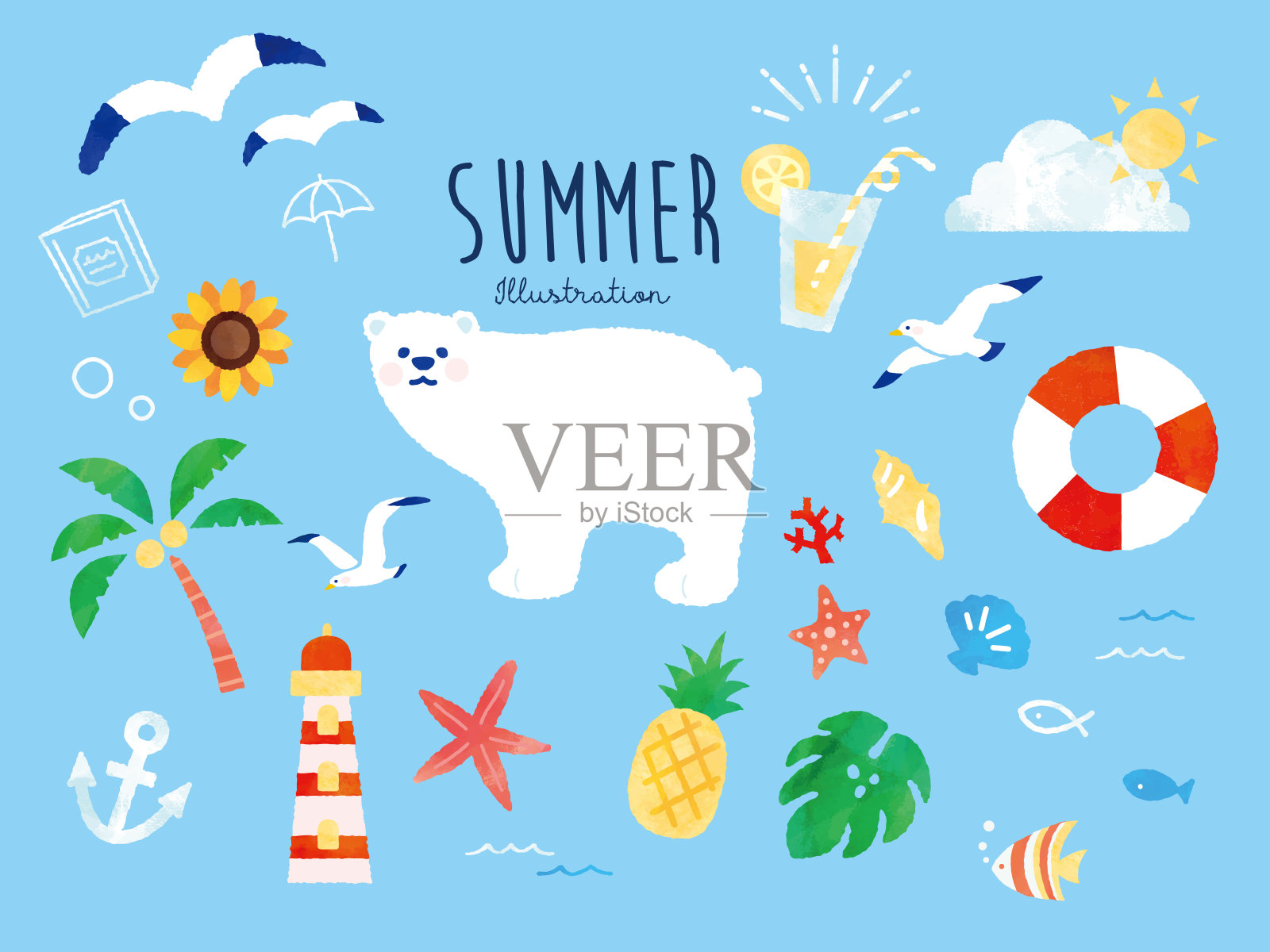时尚和可爱的夏季主题插图(手写，热带，夏威夷，夏威夷，时尚，旅游，向日葵，北极熊)插画图片素材