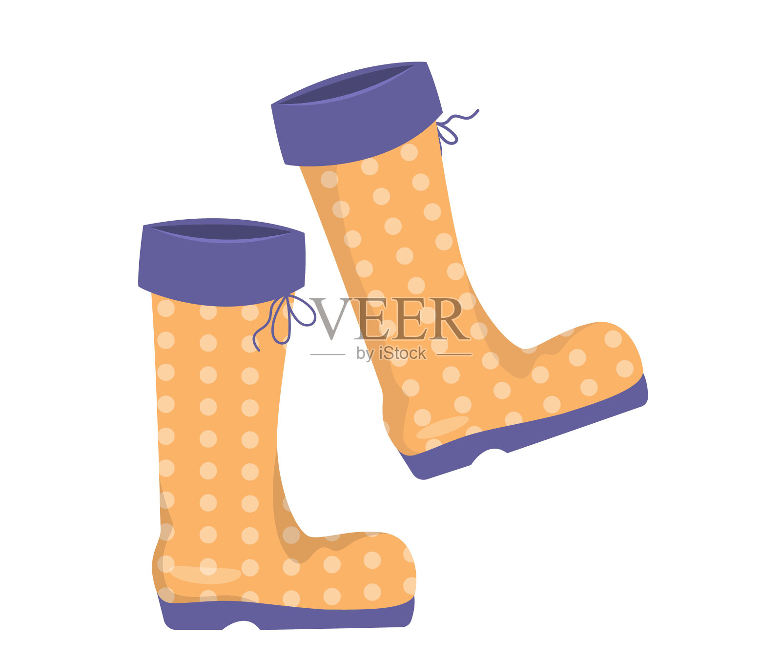 秋雨中行走的黄色胶靴。带圆点花纹的靴子。秋季设计的白色背景上的剪贴画。设计元素图片