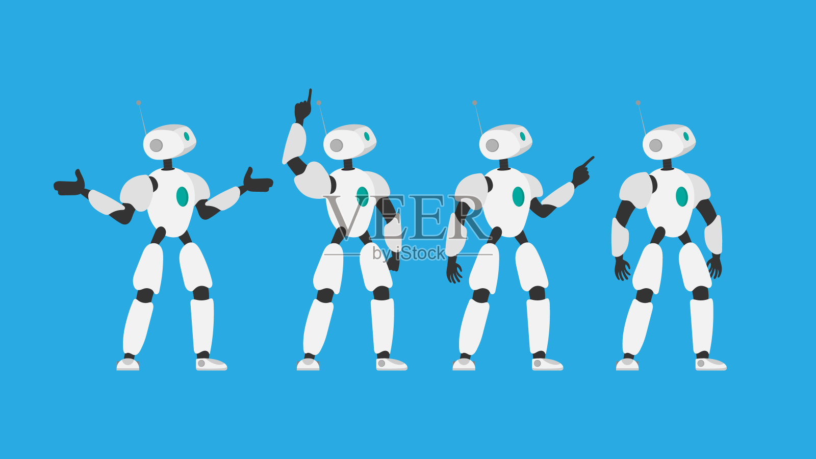 一组未来派的白色机器人。一个机器人的矢量插图。孤立在蓝色背景上。未来的概念，人工智能和技术。插画图片素材