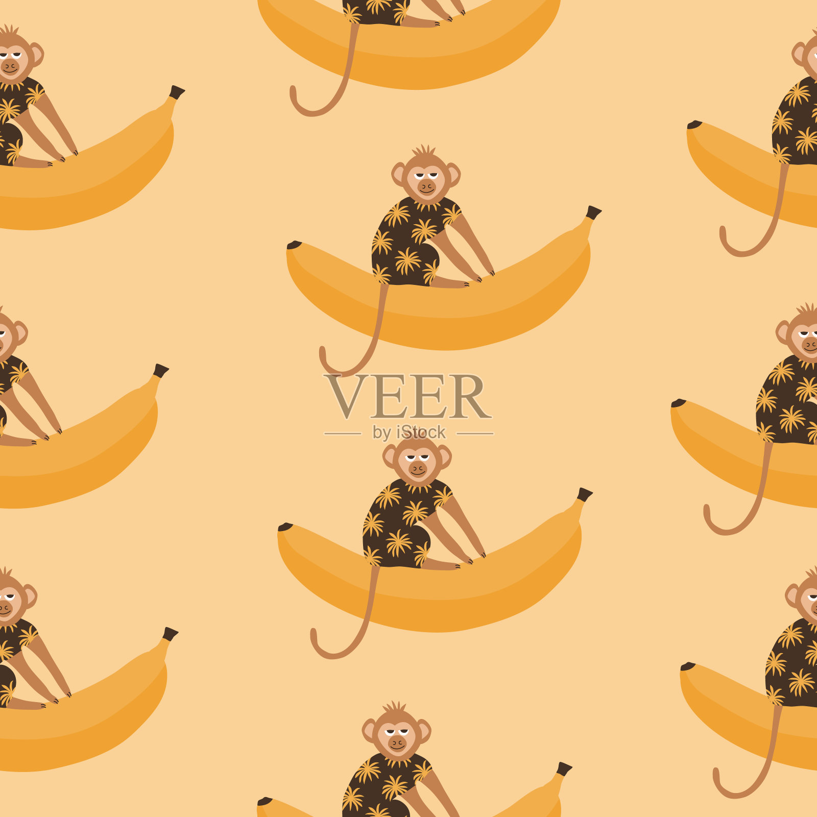 可爱的猴子有有趣的眼睛和黄色的香蕉。动物和水果矢量插图。热带无缝模式。插画图片素材