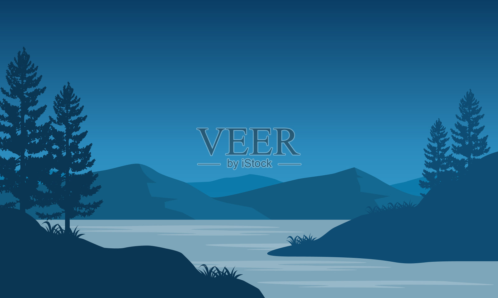 河岸上宁静的夜晚气氛插画图片素材