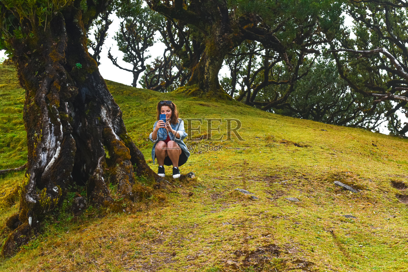 在森林里用手机拍照的女人照片摄影图片