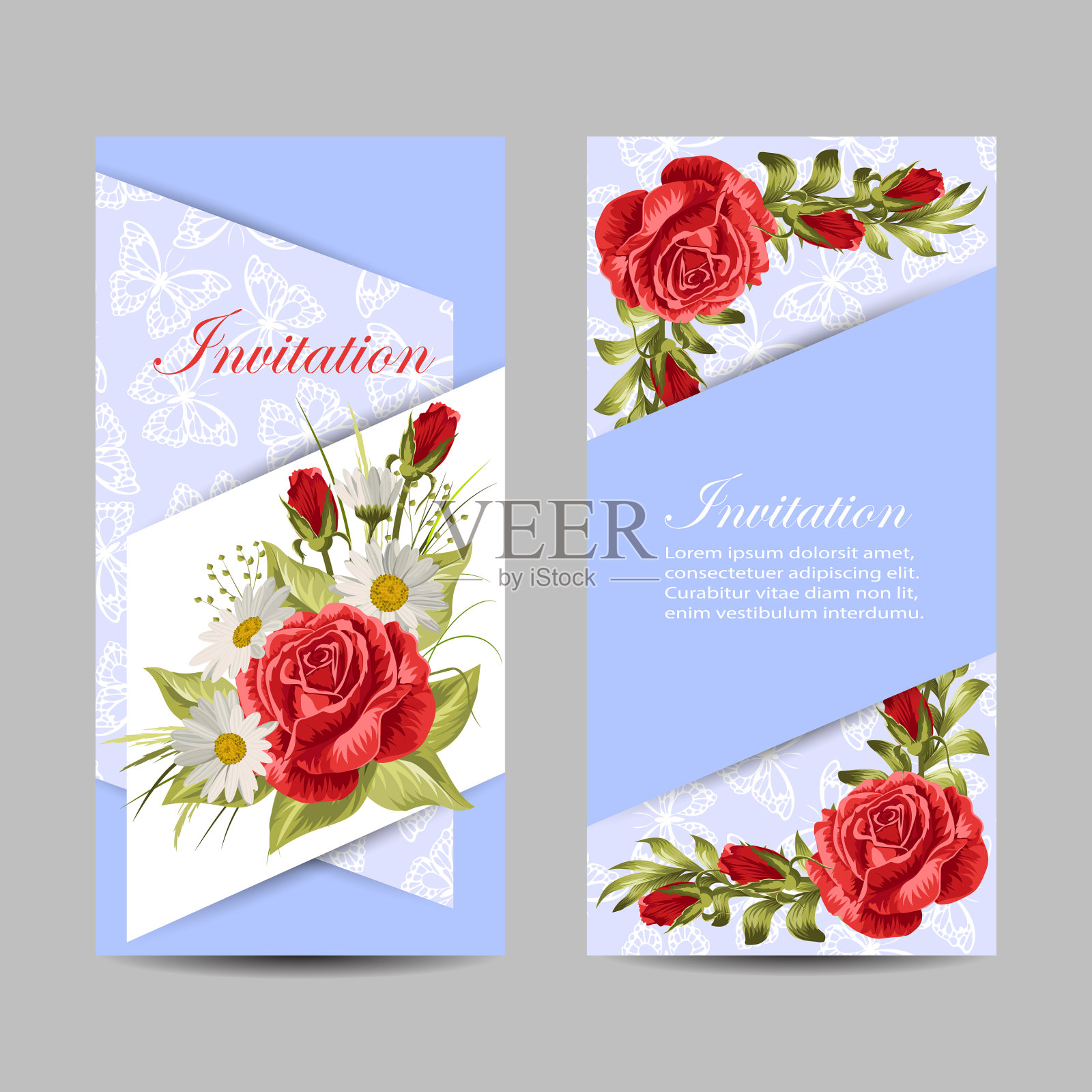 用美丽的玫瑰设置垂直横幅设计模板素材