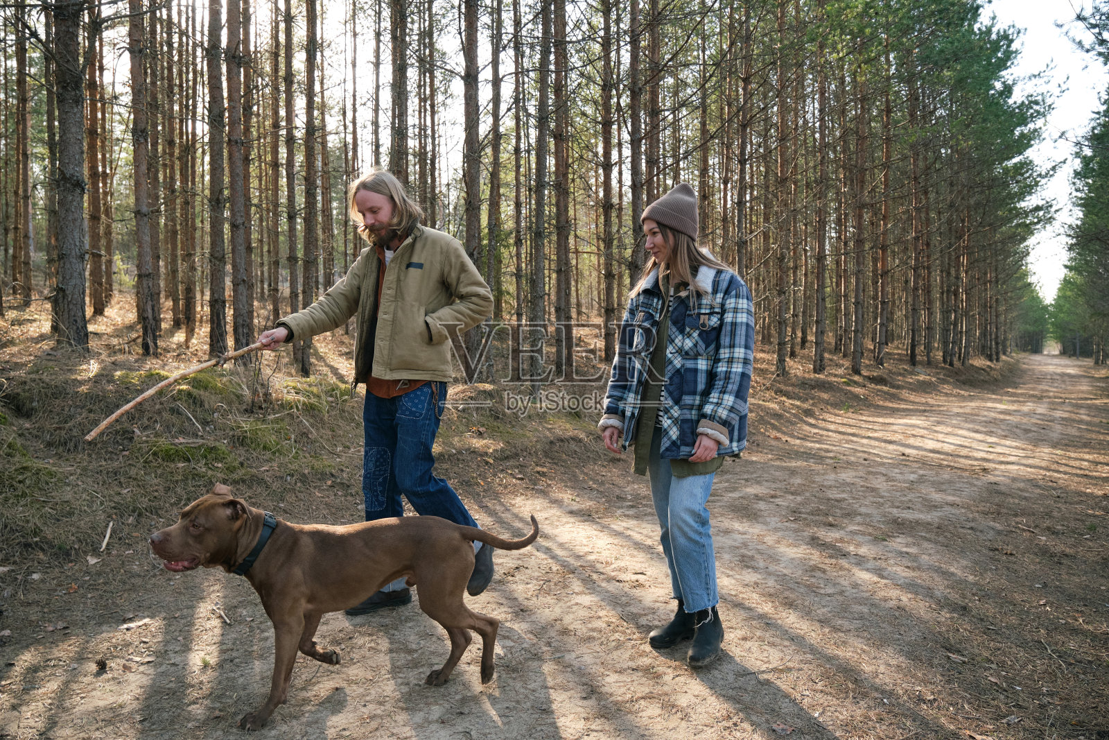 一对夫妇在公园遛狗照片摄影图片