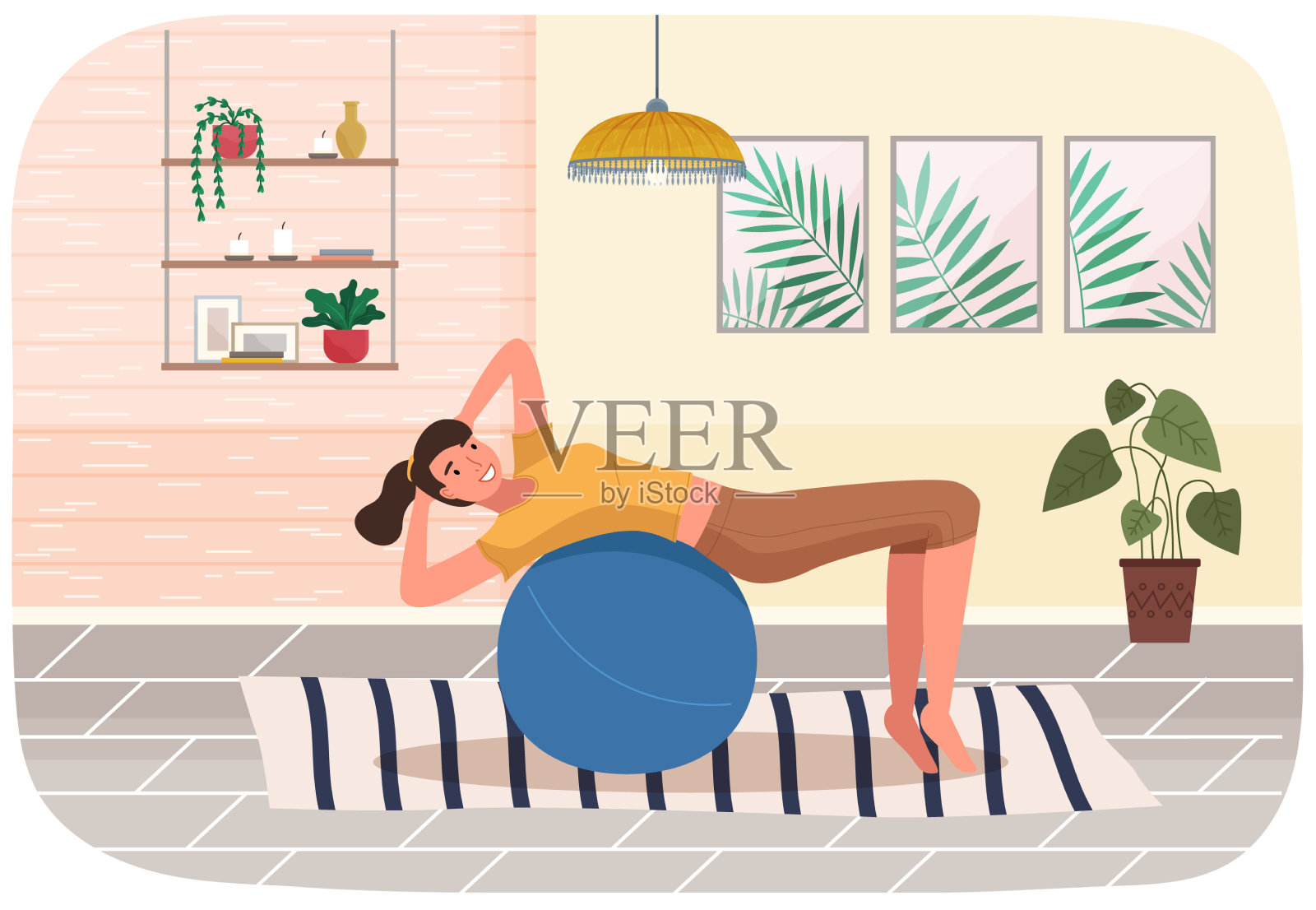 妇女在家里做健身运动的小女孩插画图片素材