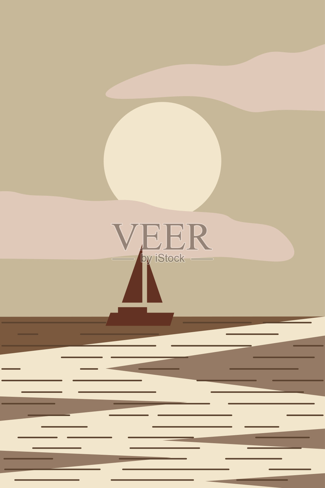 日落时小船的极简海景插画图片素材