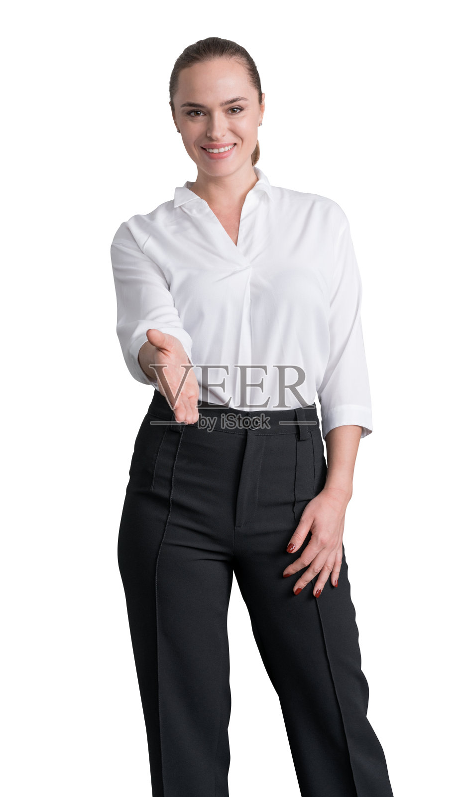 正面视图微笑迷人的女商人在正式的衣服伸出她的手握手。在白色背景上隔离照片摄影图片