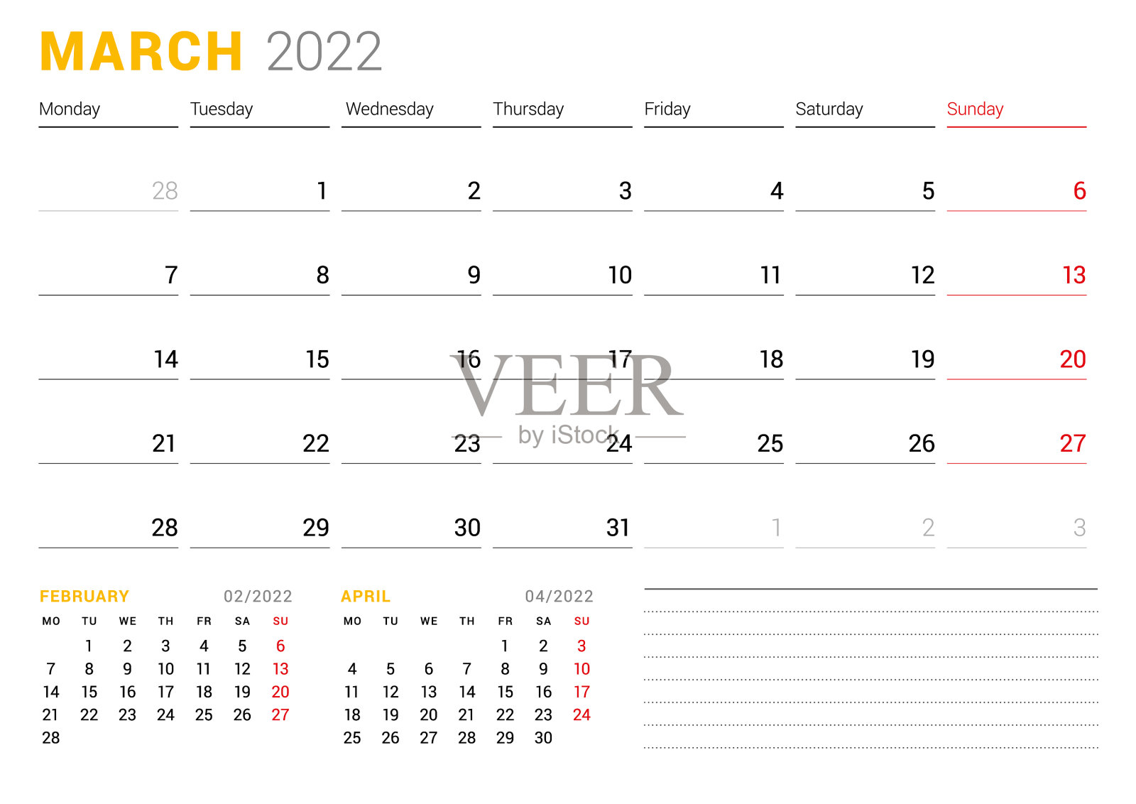 日历模板为2022年3月业务每月设计模板素材