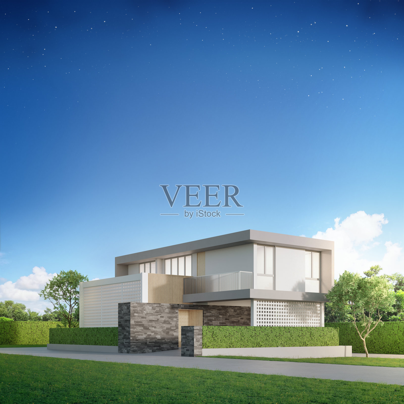 现代设计的豪华住宅。绿草如茵的草坪度假屋。照片摄影图片