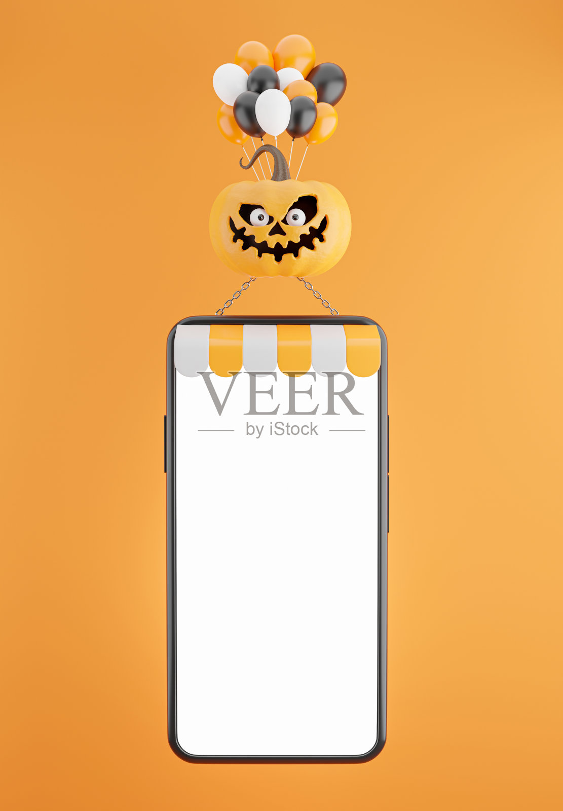 智能手机漂浮的气球与万圣节折扣概念的产品展示照片摄影图片