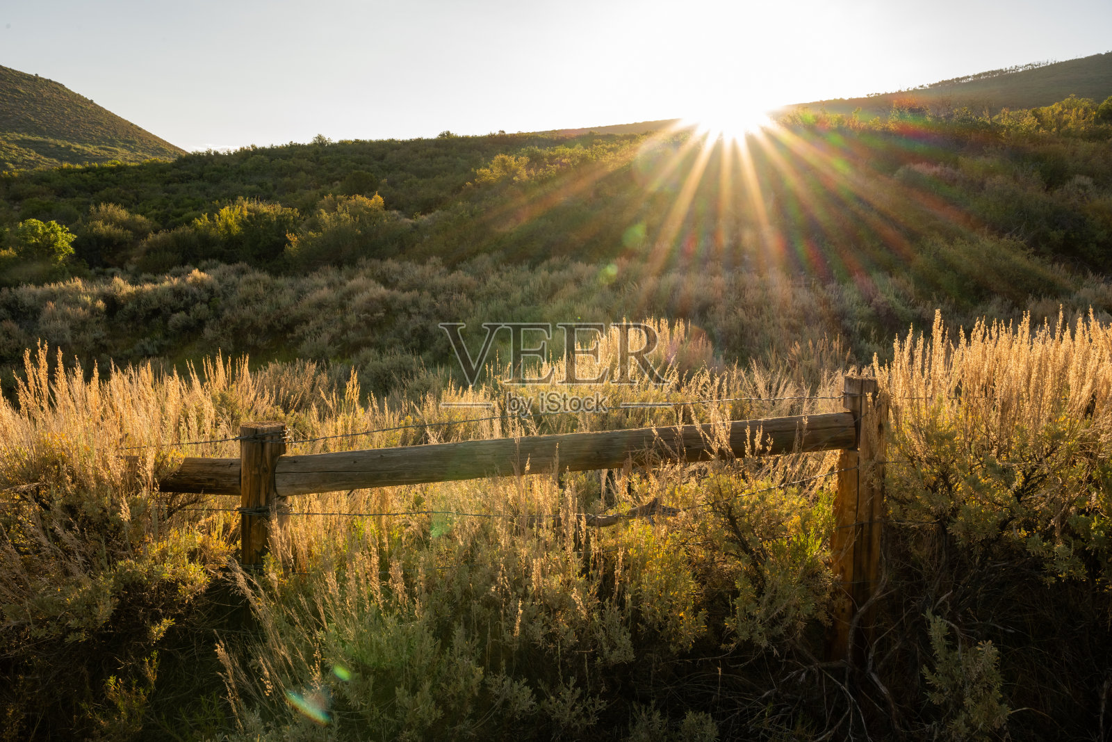 山坡上的阳光照射在栅栏上照片摄影图片